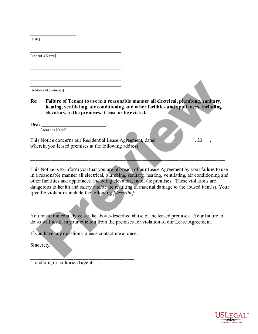 Waterbury Connecticut Letter from Landlord to Tenant for Failure to use ...