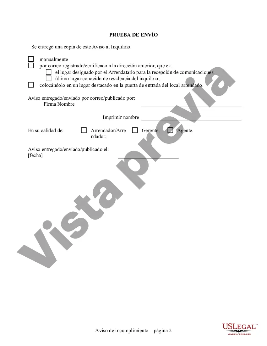 Preview Aviso de 15 días de incumplimiento material del contrato de arrendamiento o alquiler - Residencial - 15 días para subsanar