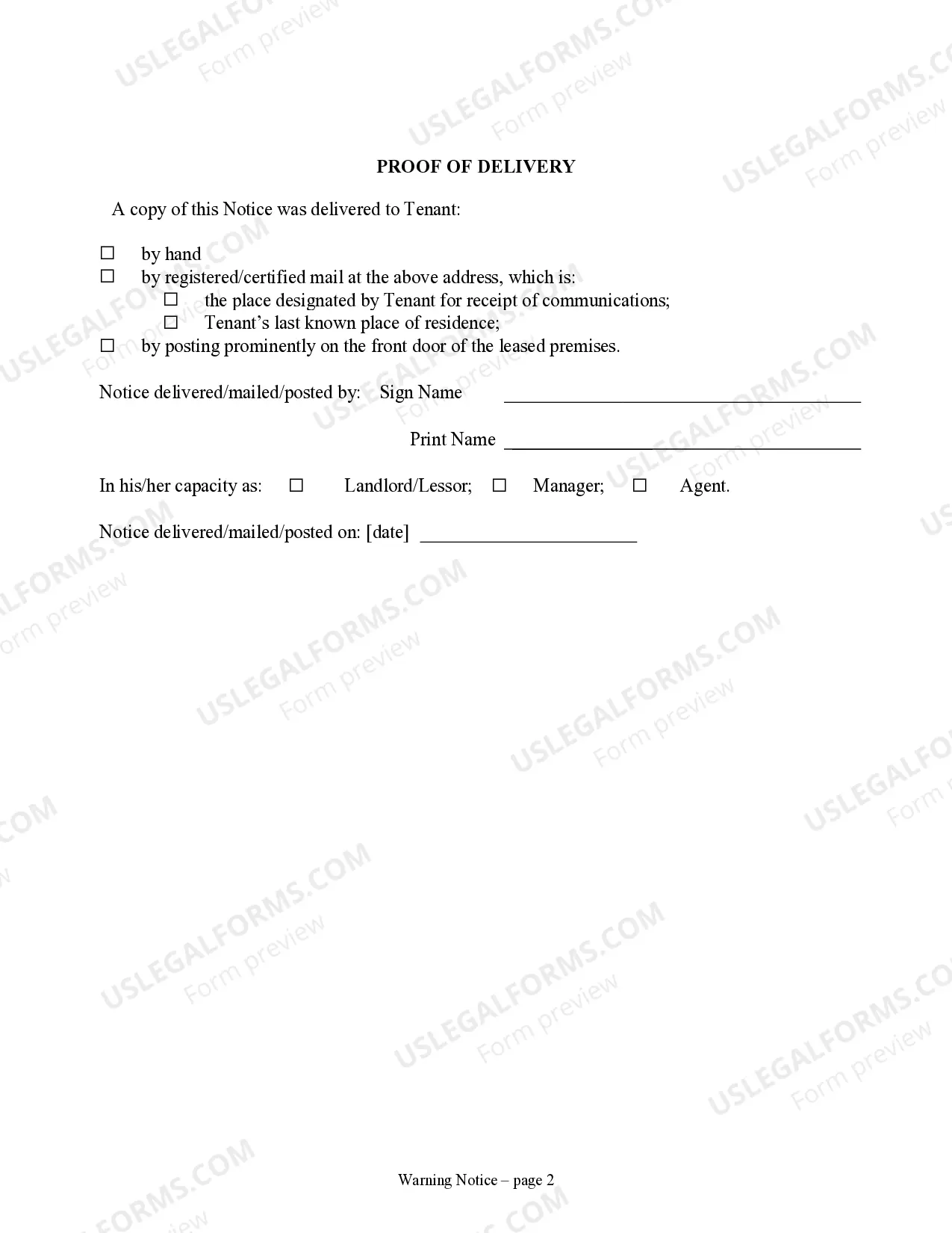Preview Notice of Default in Payment of Rent as Warning Prior to Demand to Pay or Terminate for Residential Property