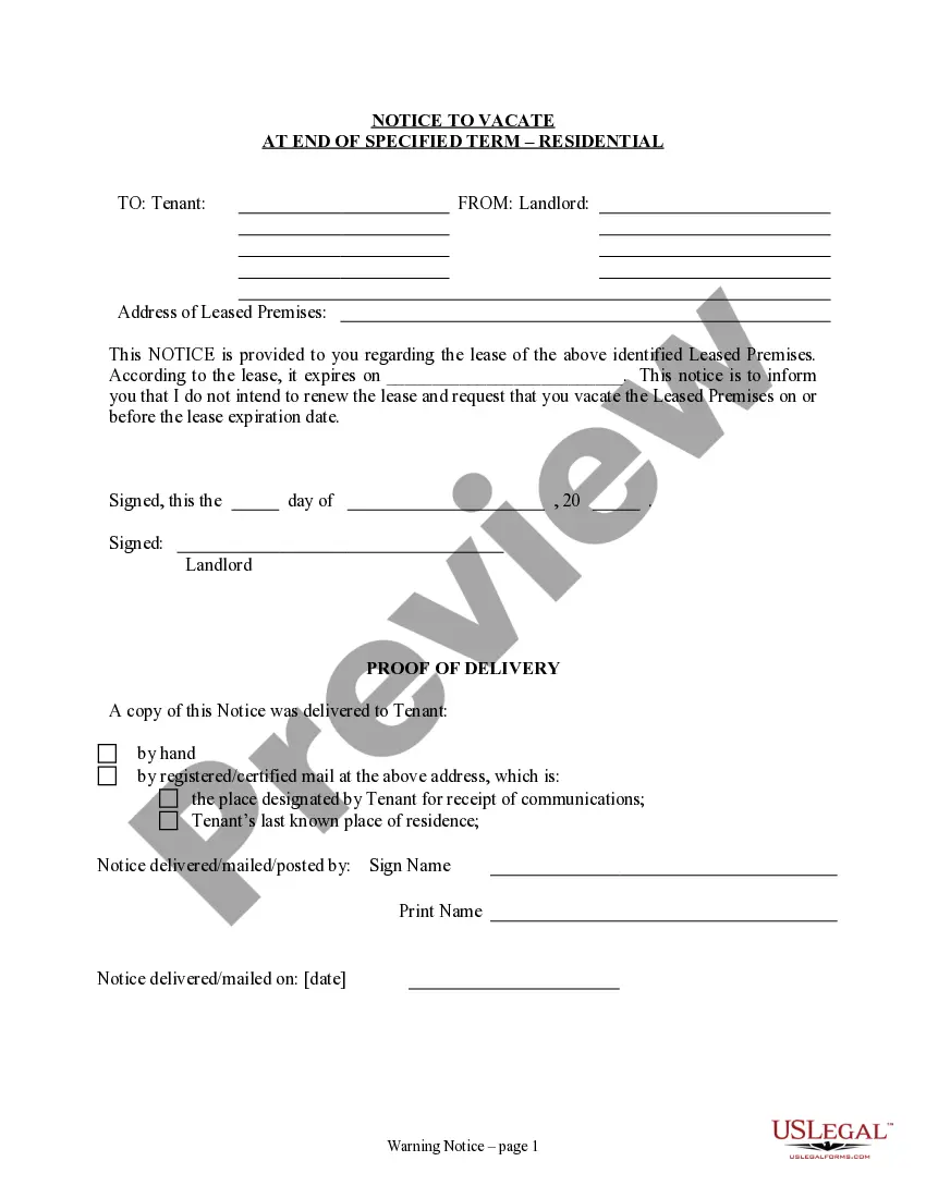 Preview Notice of Intent Not to Renew at End of Specified Term from Landlord to Tenant for Residential Property