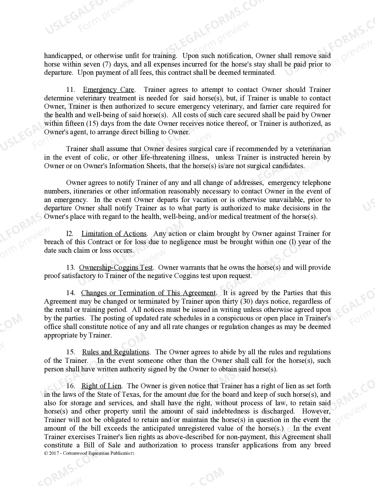 Preview Training Contract - Horse Equine Forms