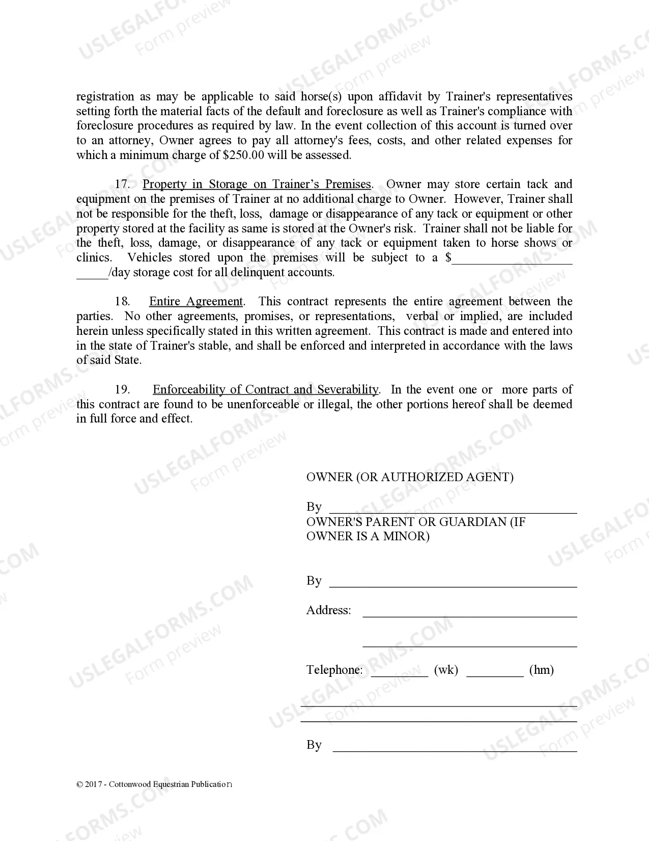 Preview Training Contract - Horse Equine Forms