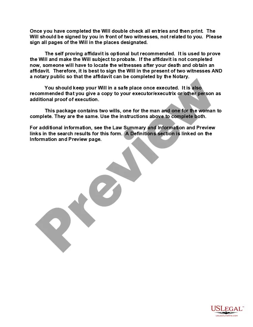 Preview Mutual Wills containing Last Will and Testaments for Man and Woman living together not Married with No Children