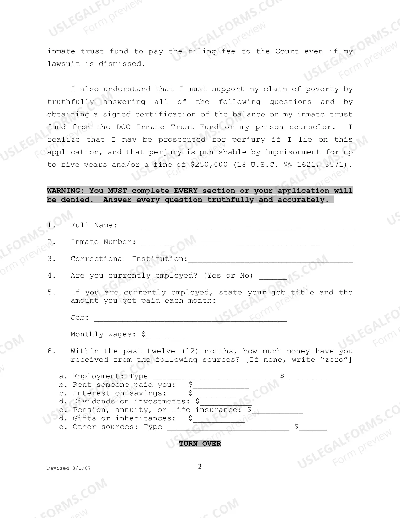 Preview Prisoner's Application to Proceed in Forma Pauperis in a Civil Rights Action