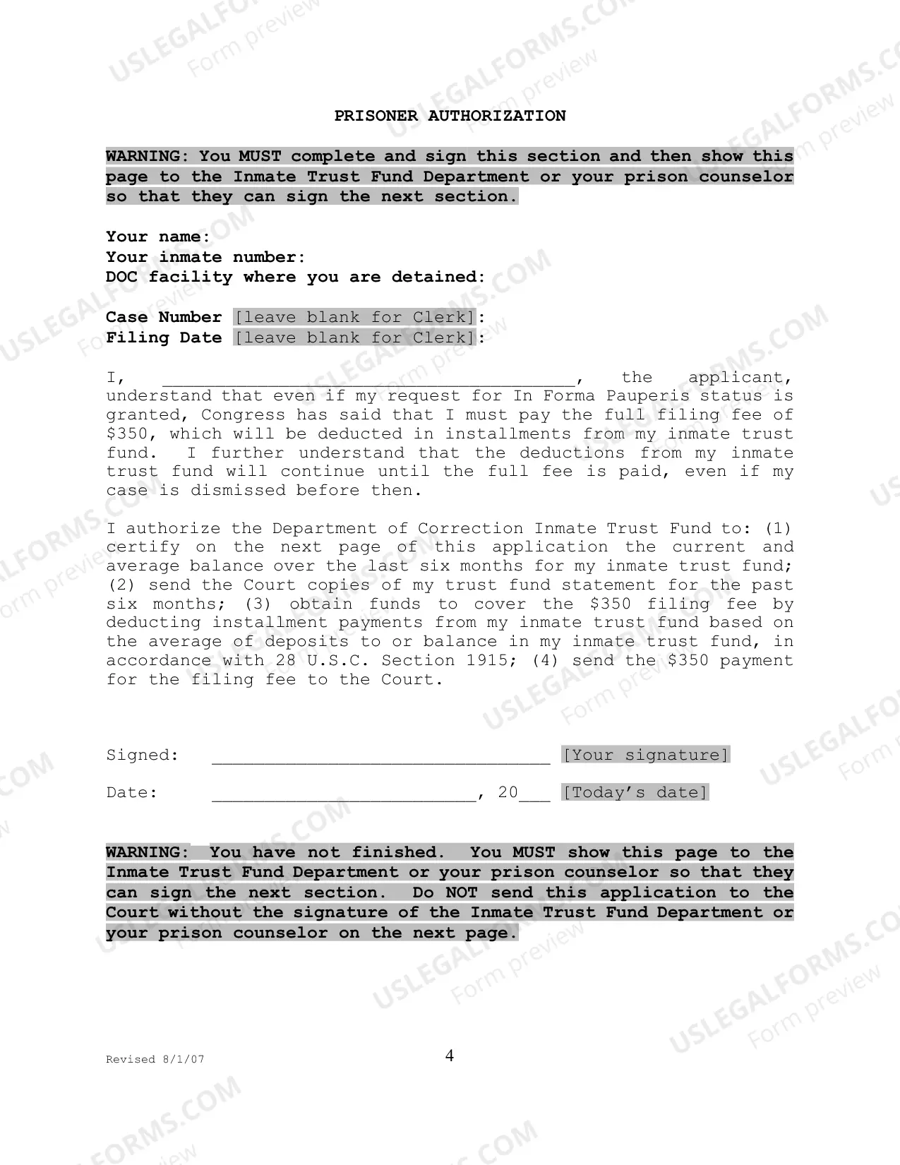 Preview Prisoner's Application to Proceed in Forma Pauperis in a Civil Rights Action