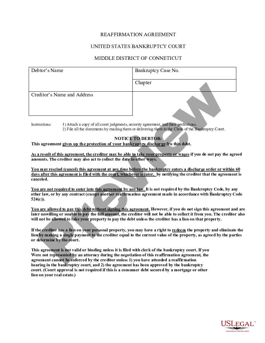 Connecticut Reaffirmation Agreement Bkr Law Us Legal Forms 4469