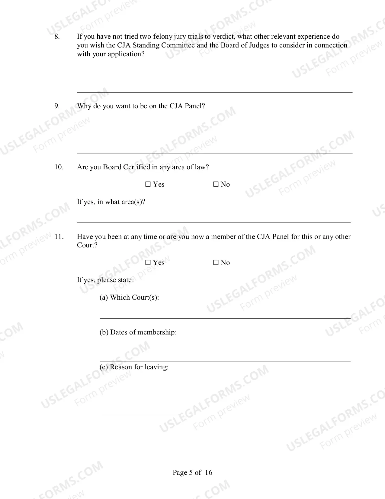 Preview Application For Appointment To CJA Panel