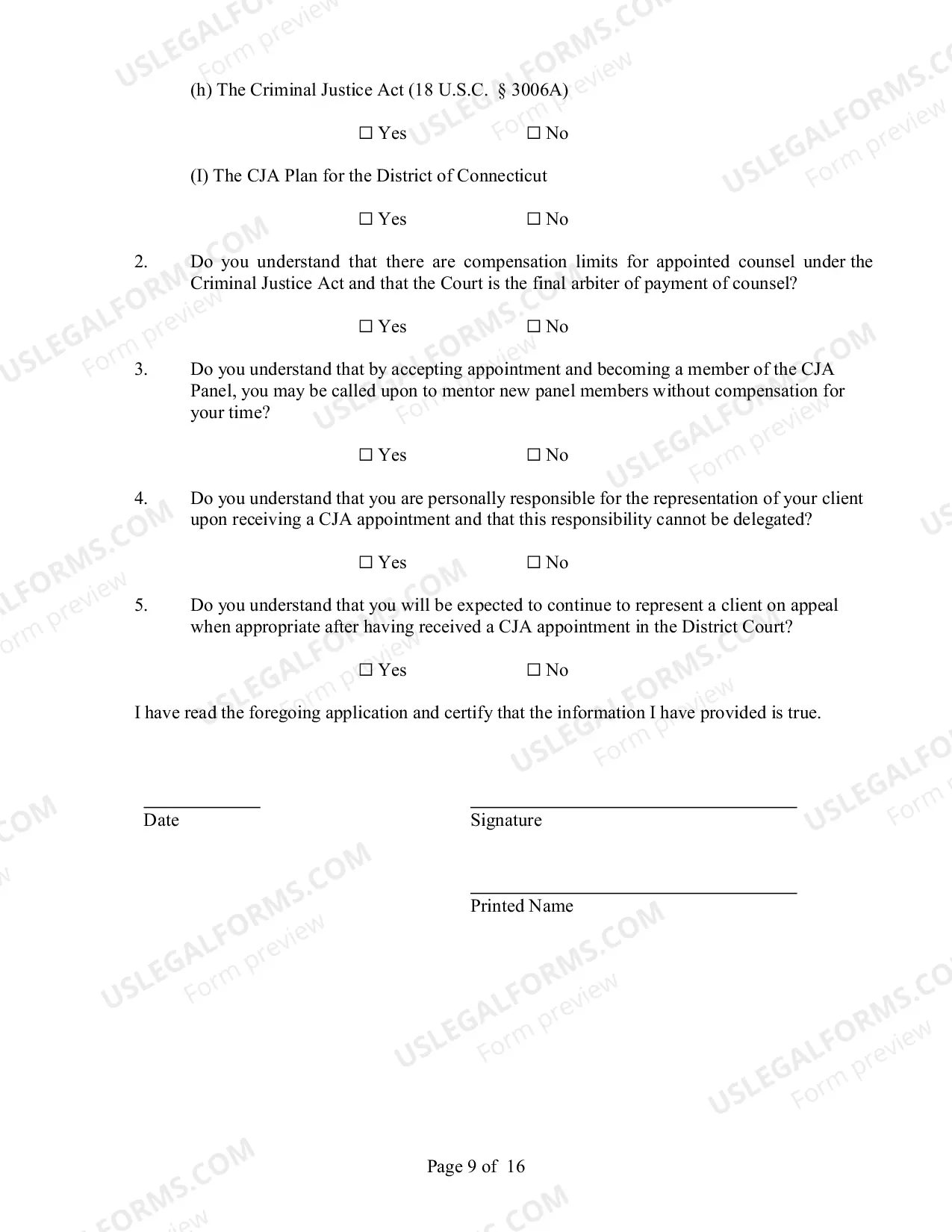 Preview Application For Appointment To CJA Panel
