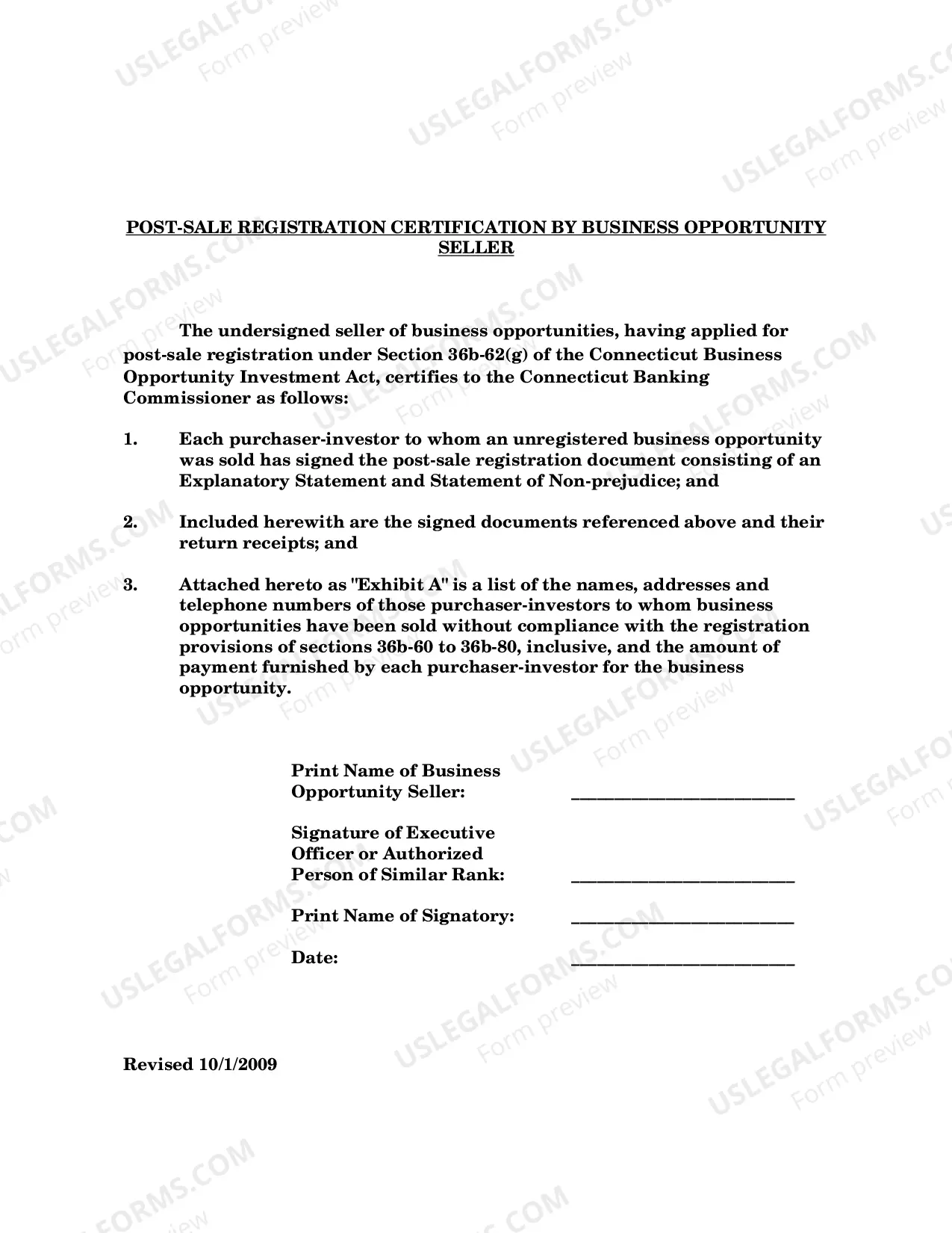 Preview Post Sale Registration Certification By Business Opportunity Seller