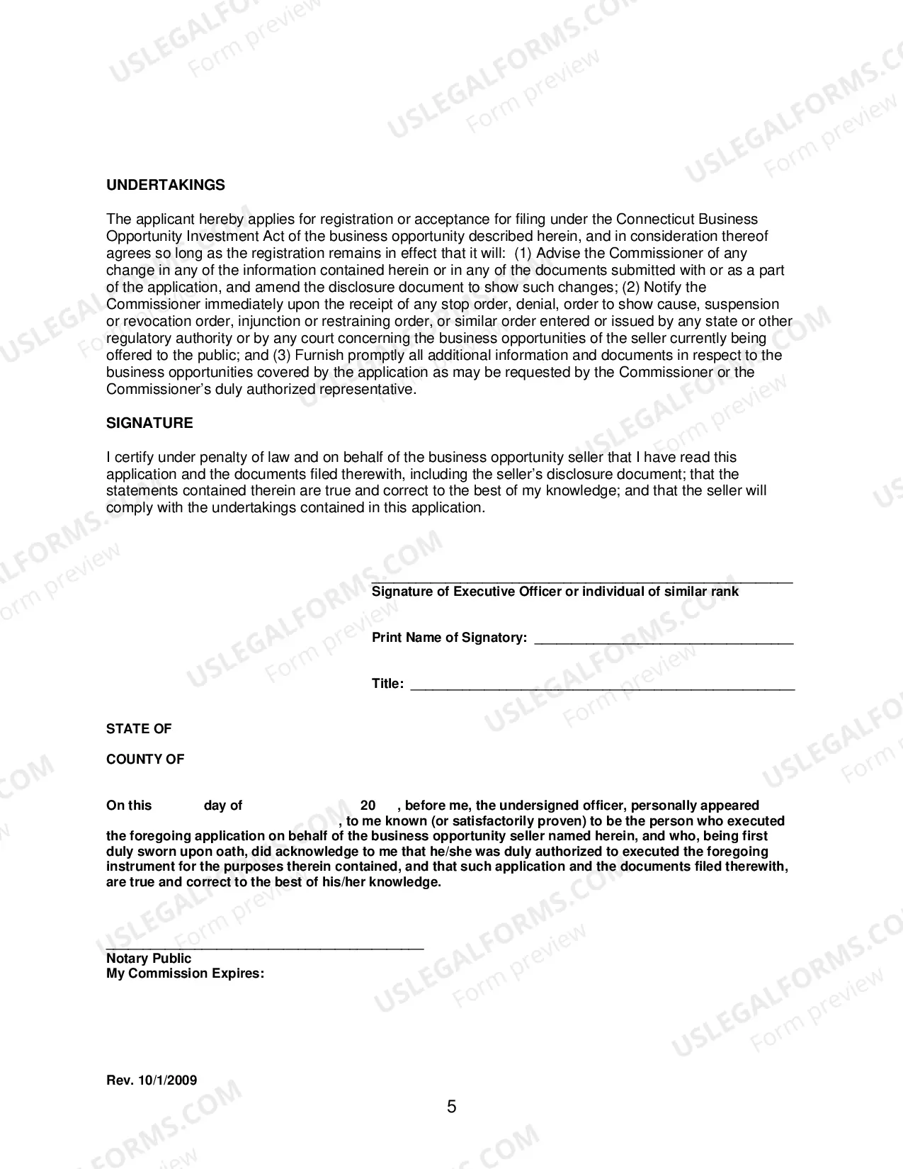 Preview Application To Register Business Opportunity Investment With Connecticut Banking Commissioner
