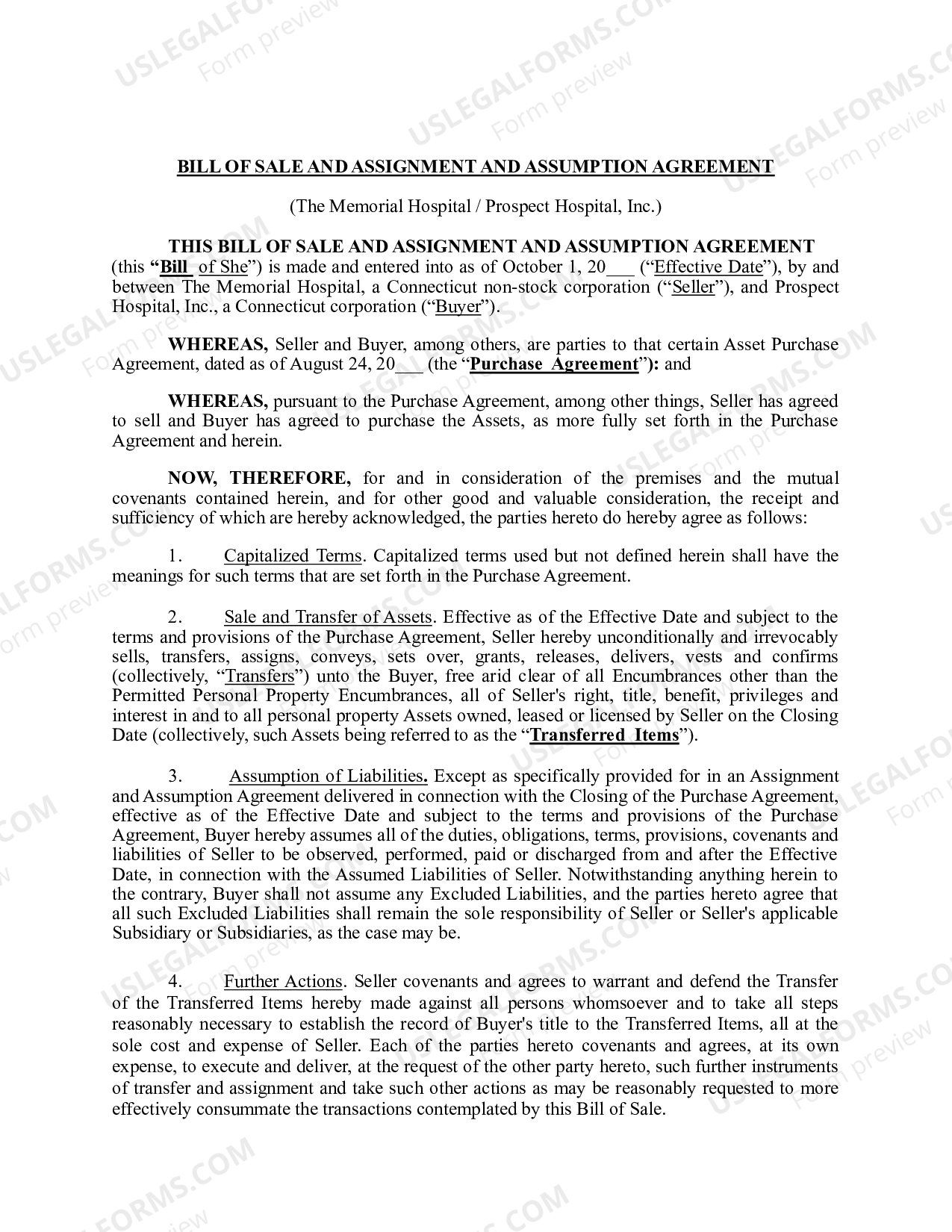 Connecticut Bill of Sale and Assignment and Assumption Agreement | US