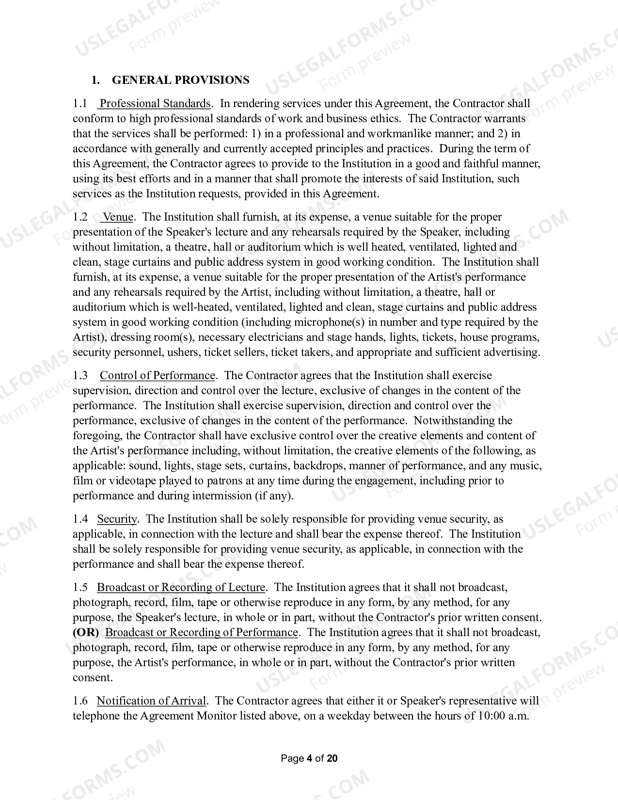Preview Personal Services Agreement - Entertainer and Lecturer