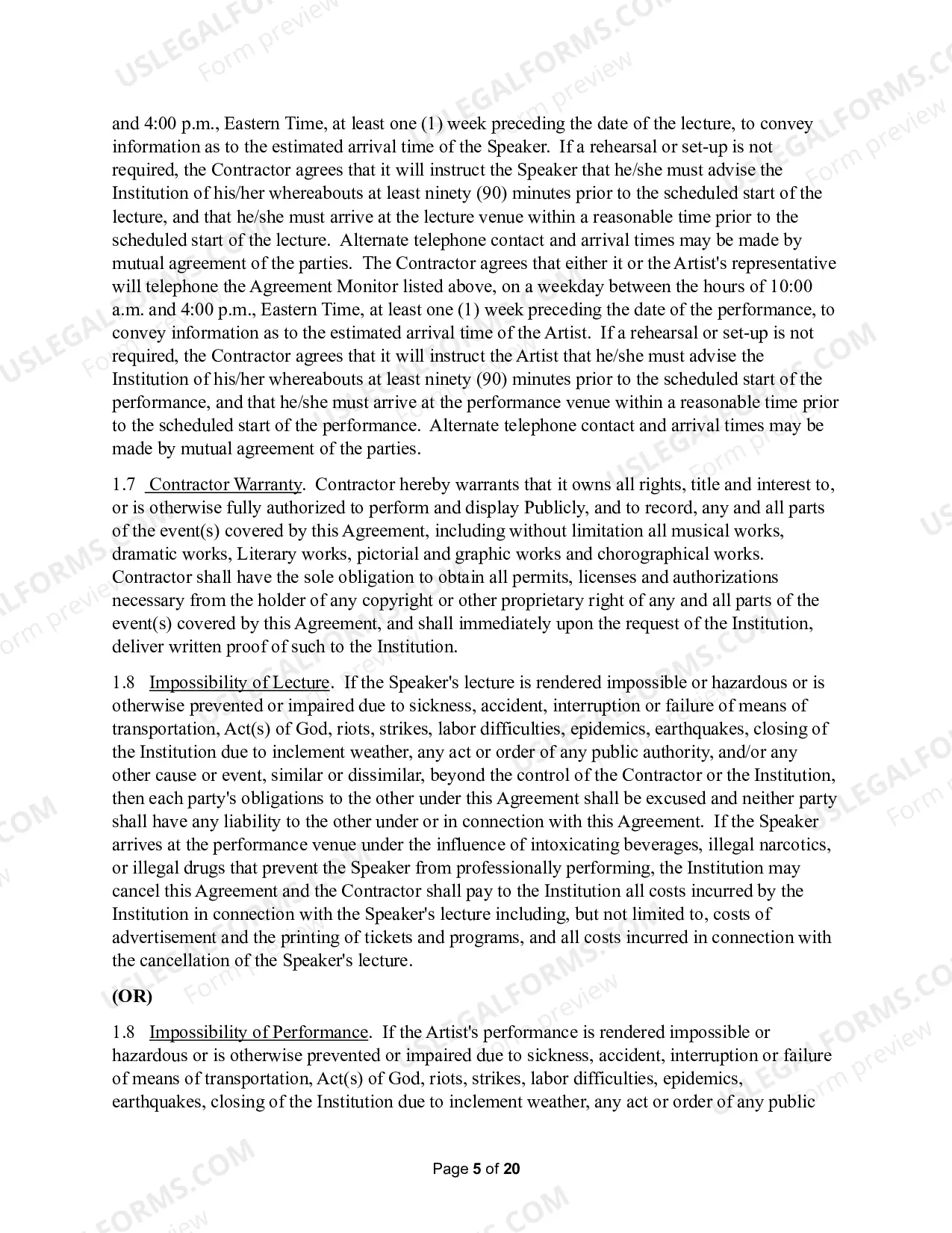 Preview Personal Services Agreement - Entertainer and Lecturer