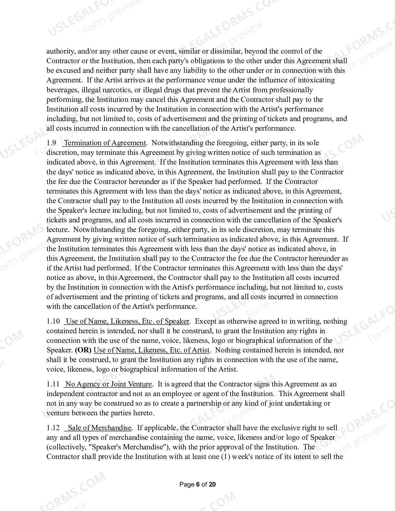Preview Personal Services Agreement - Entertainer and Lecturer