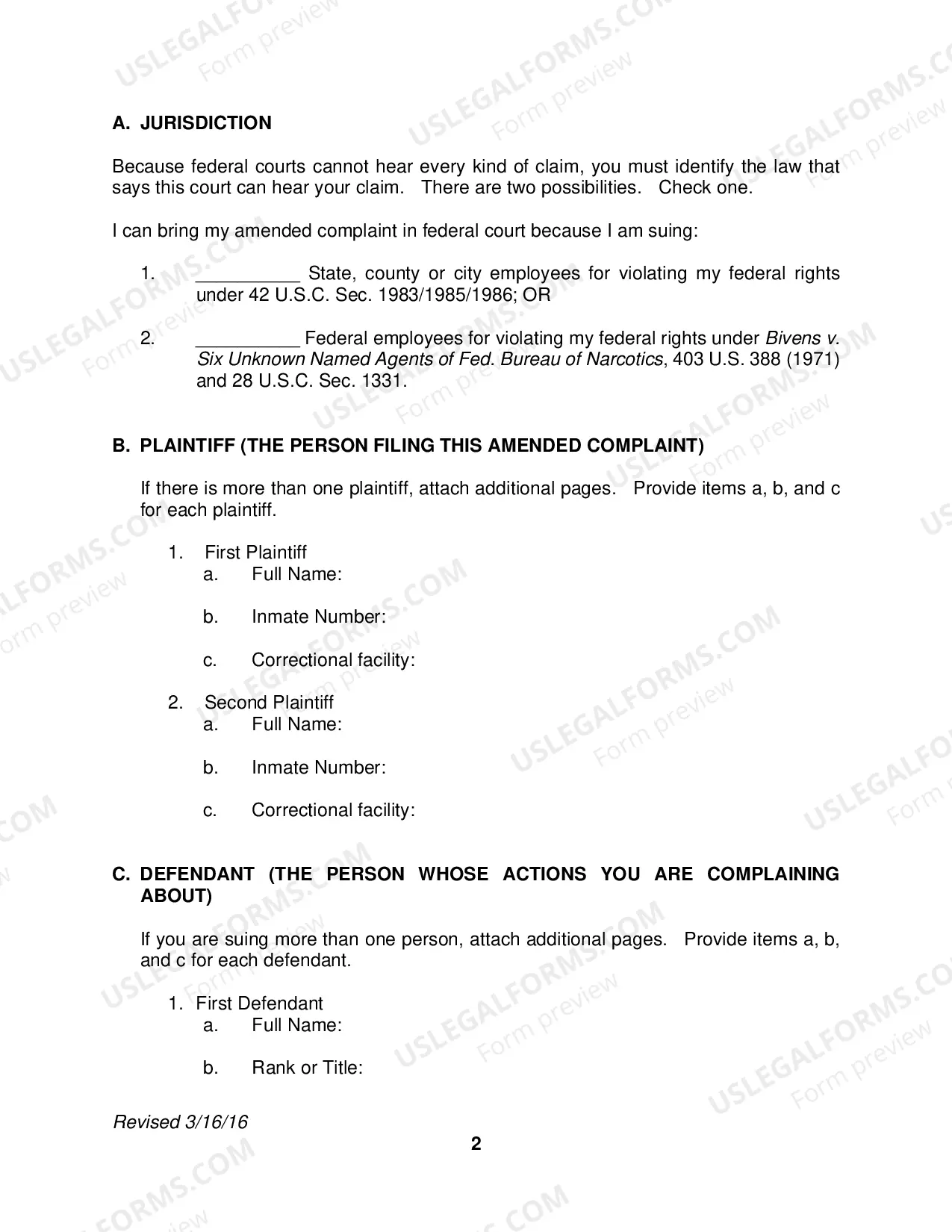 Preview Pro Se Prisoner Civil Rights Amended Complaint