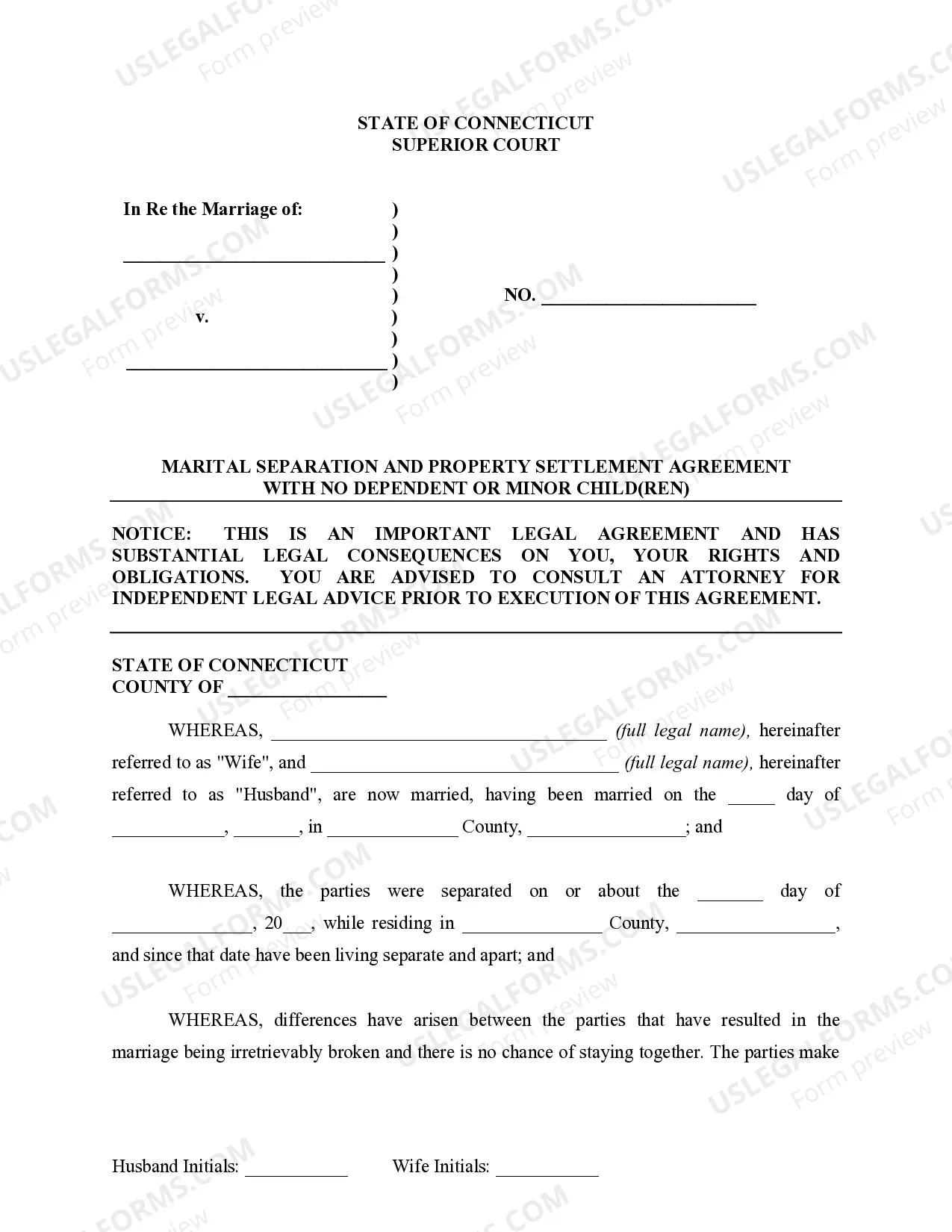 Preview Marital Legal Separation and Property Settlement Agreement where No Children or No Joint Property or Debts and Divorce Action Filed
