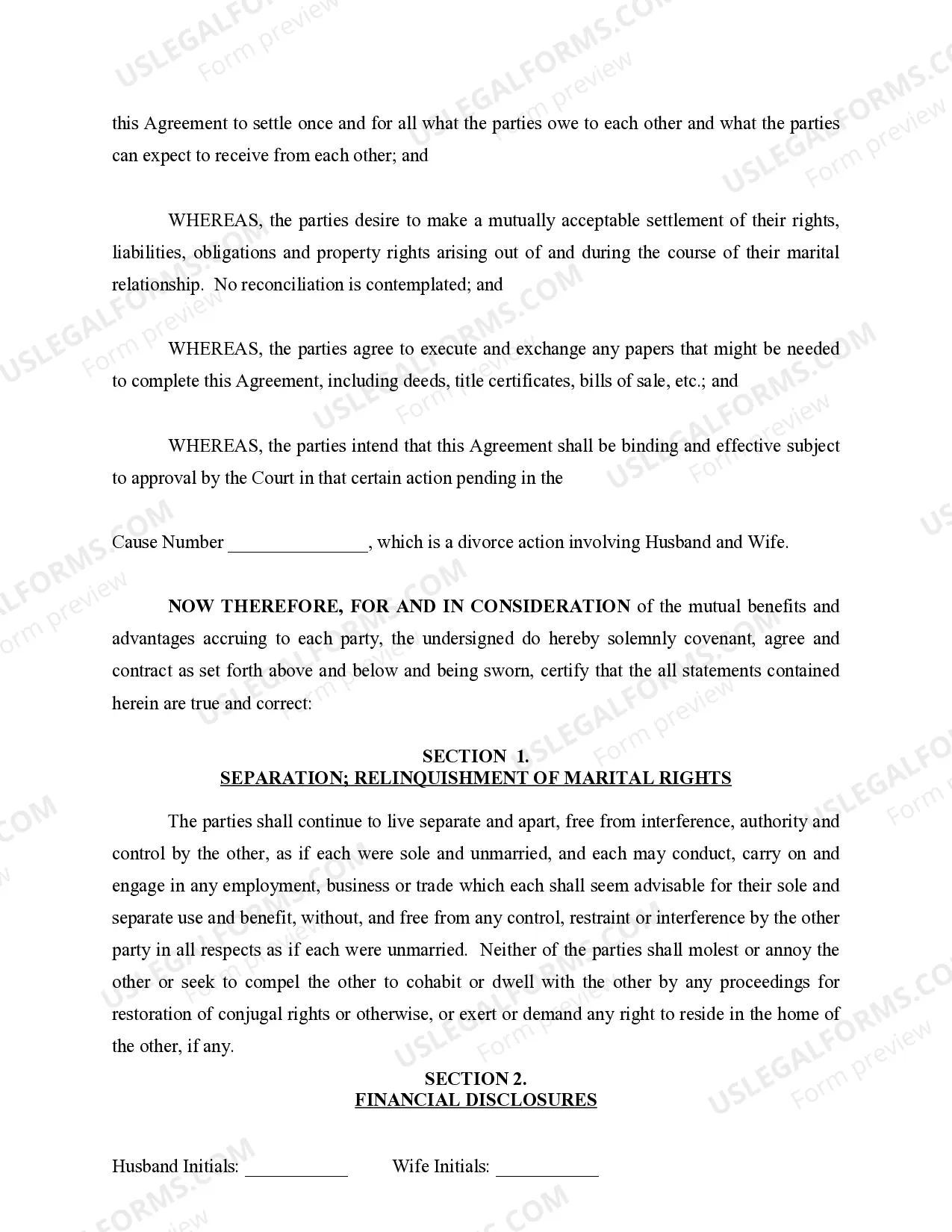 Preview Marital Legal Separation and Property Settlement Agreement where No Children or No Joint Property or Debts and Divorce Action Filed