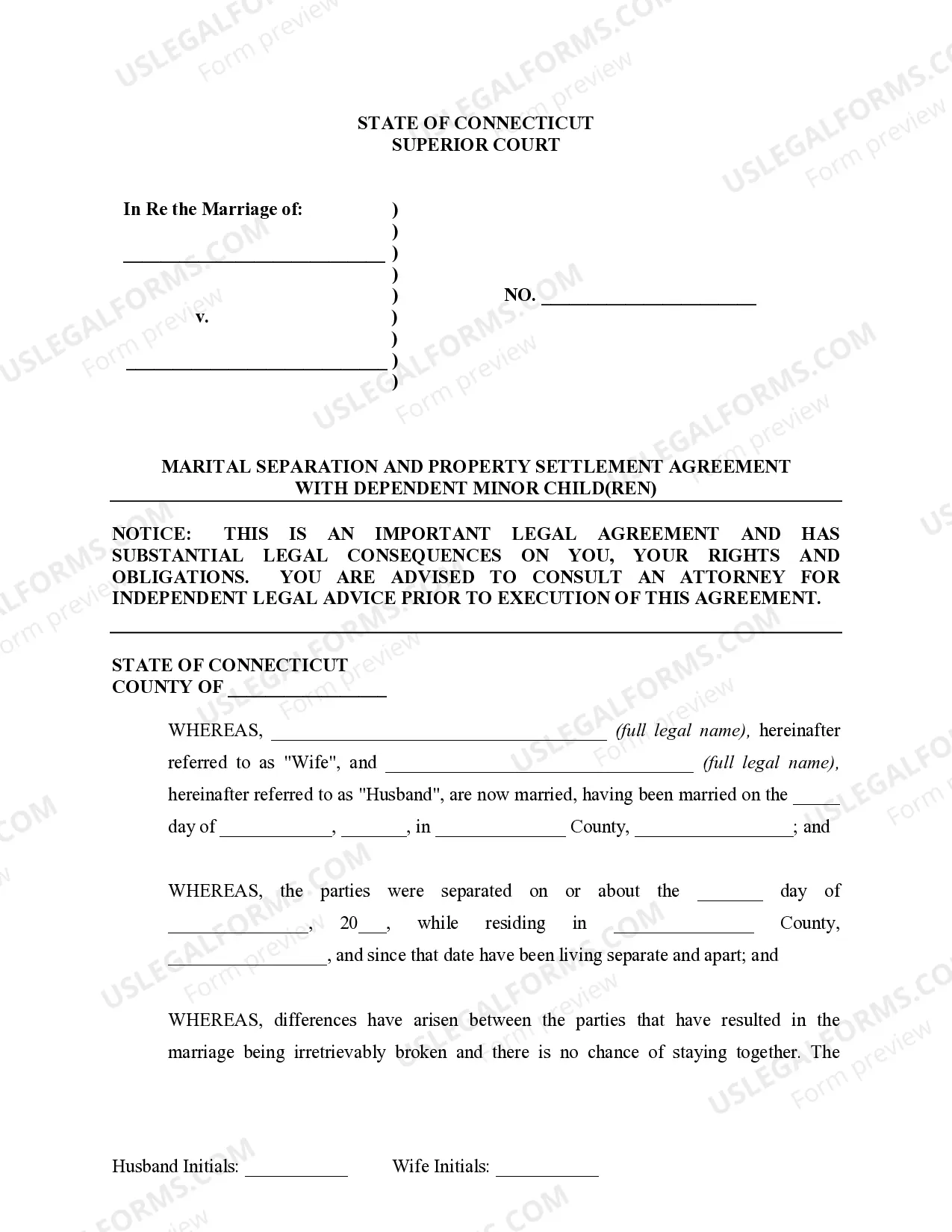 Preview Marital Legal Separation and Property Settlement Agreement where Minor Children and No Joint Property or Debts and Divorce Action Filed