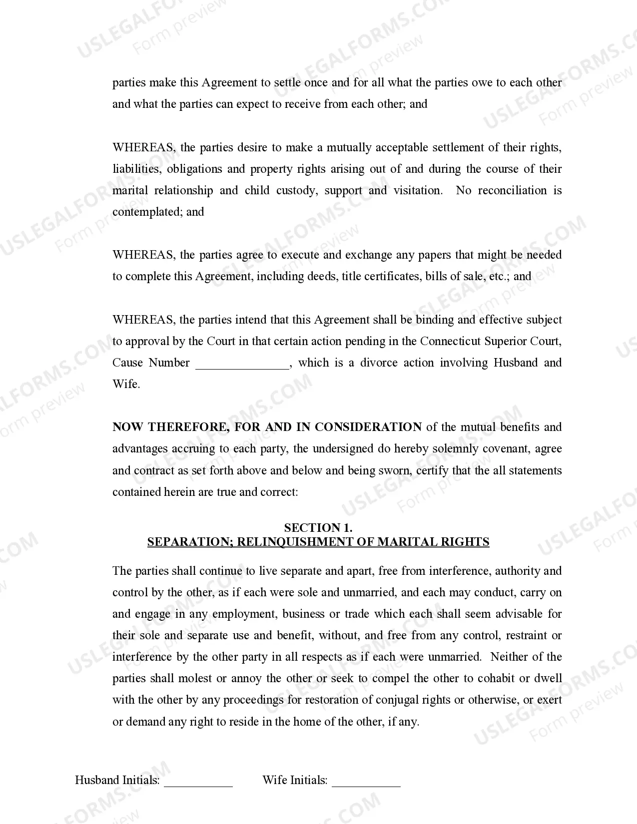 Preview Marital Legal Separation and Property Settlement Agreement where Minor Children and No Joint Property or Debts and Divorce Action Filed
