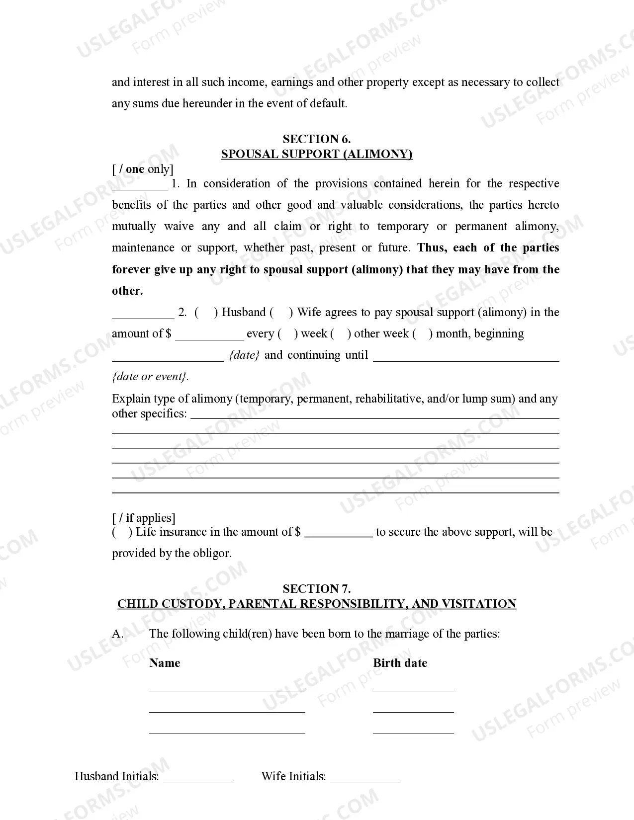 Preview Marital Legal Separation and Property Settlement Agreement where Minor Children and No Joint Property or Debts and Divorce Action Filed