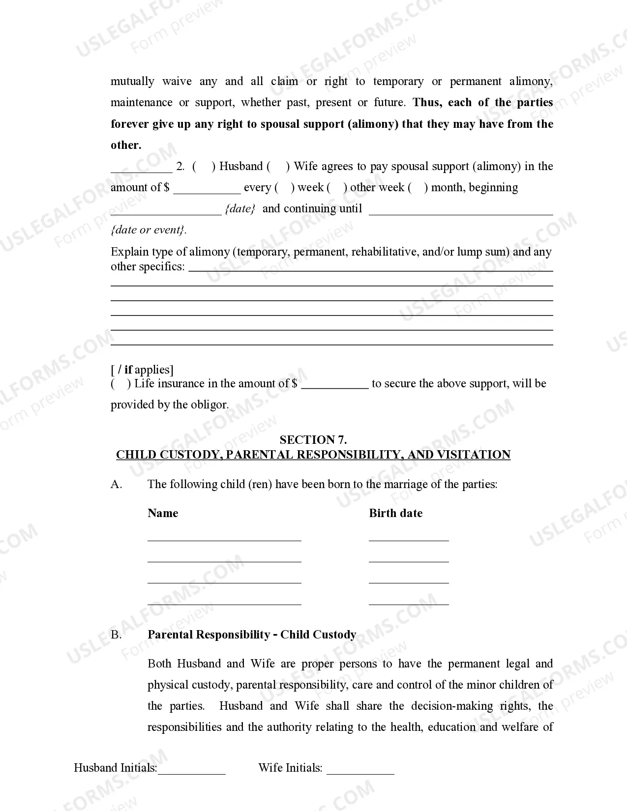 Preview Marital Legal Separation and Property Settlement Agreement where Minor Children and No Joint Property or Debts that is Effective Immediately