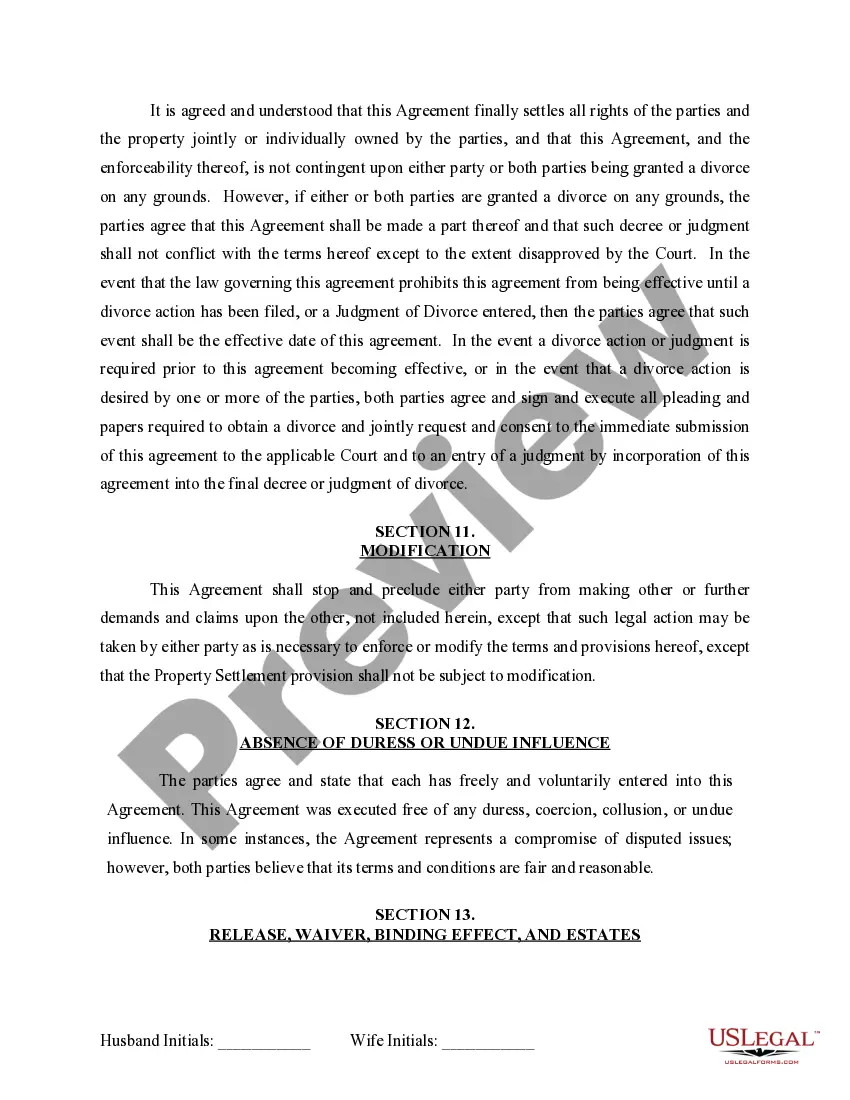 Preview Marital Legal Separation and Property Settlement Agreement for persons with no Children, no Joint Property, or Debts Effective Immediately
