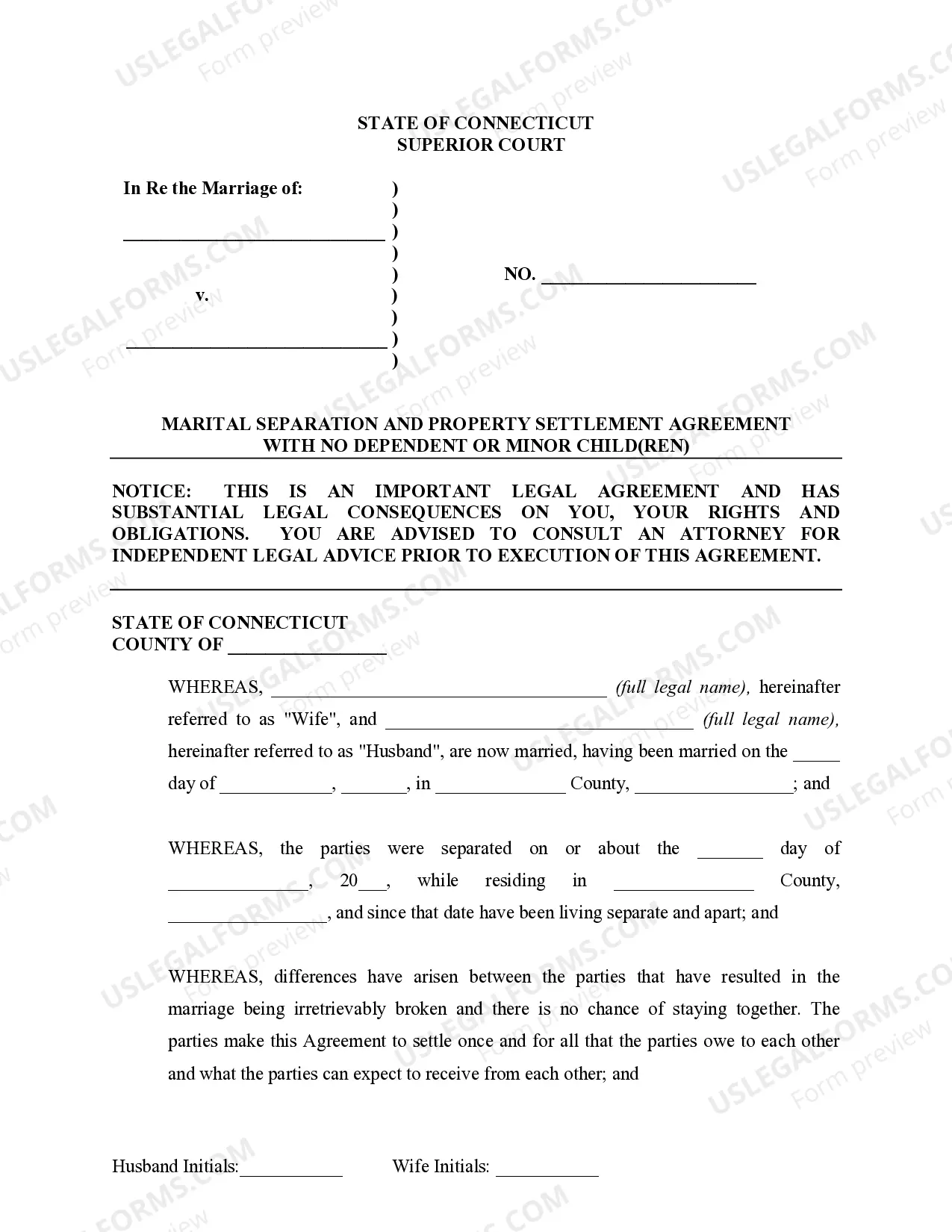 Preview Marital Legal Separation and Property Settlement Agreement where No Children and parties may have Joint Property and / or Debts and Divorce Action Filed