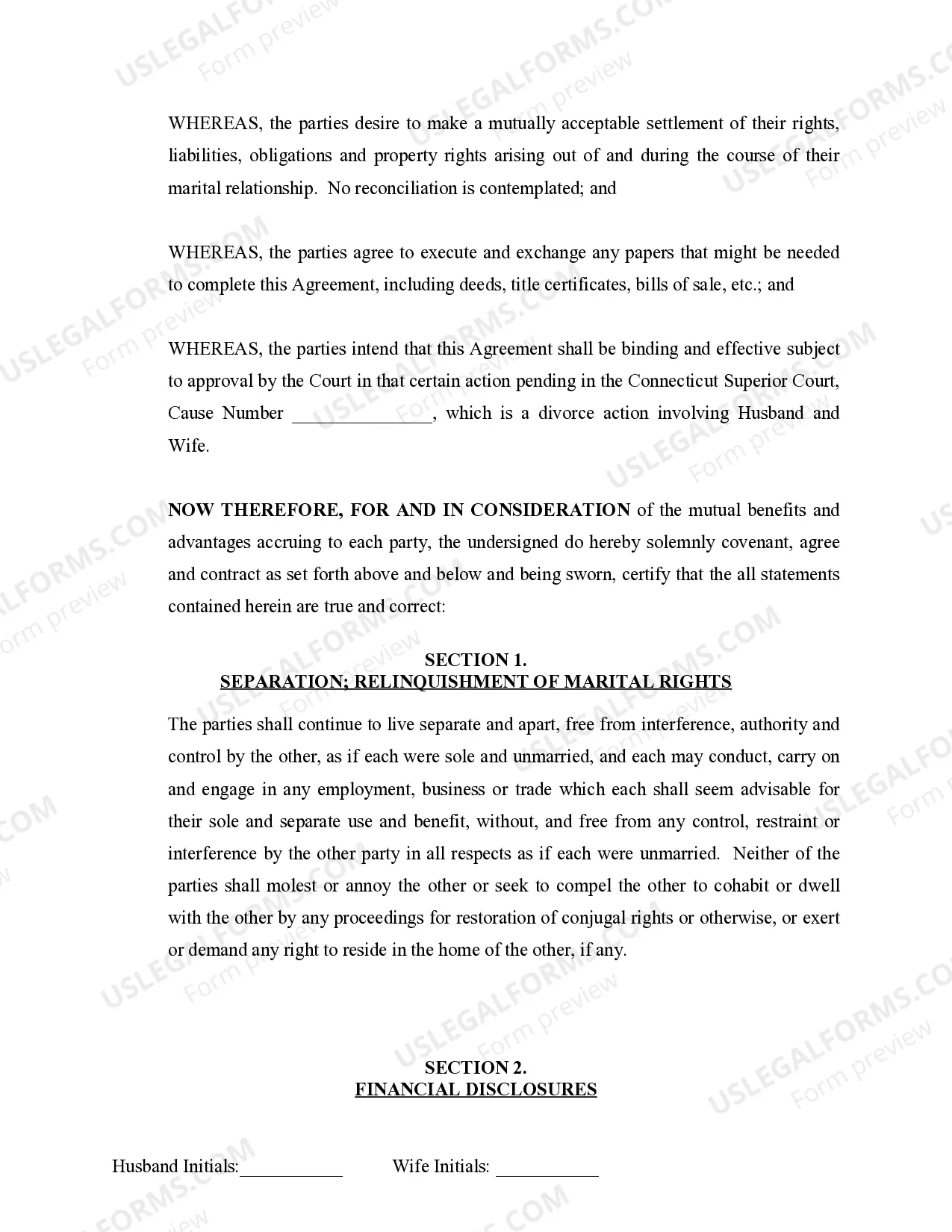 Preview Marital Legal Separation and Property Settlement Agreement where No Children and parties may have Joint Property and / or Debts and Divorce Action Filed