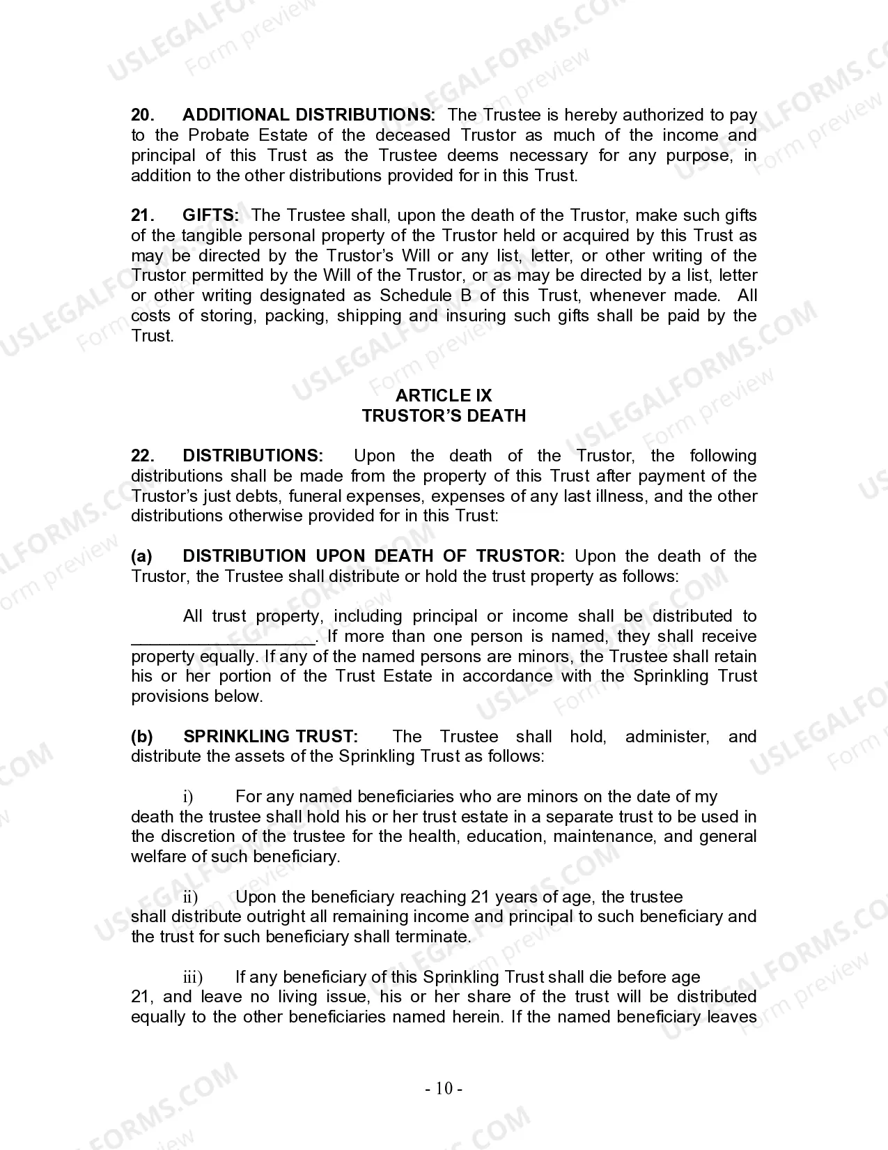 Preview Living Trust for Individual Who is Single, Divorced or Widow or Widower with No Children