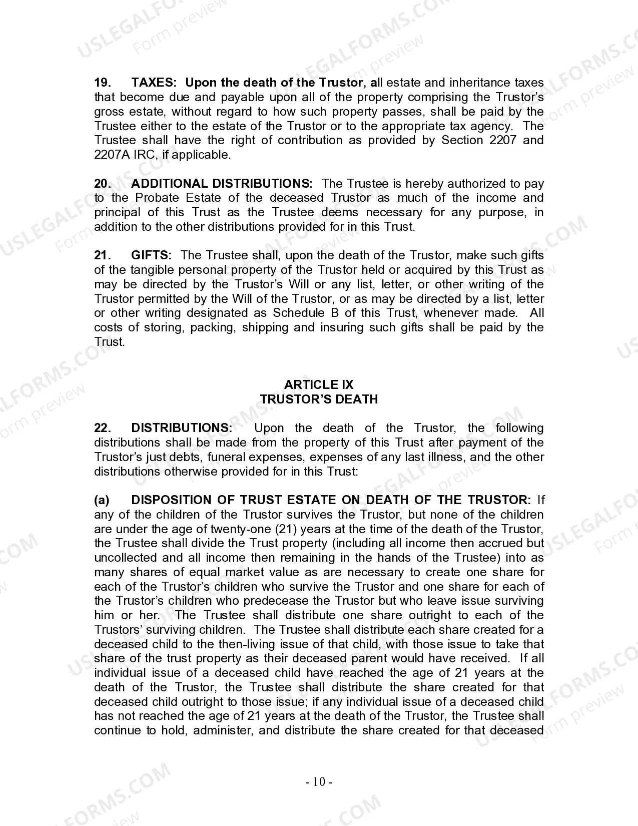 Preview Living Trust for Individual, Who is Single, Divorced or Widow or Widower with Children