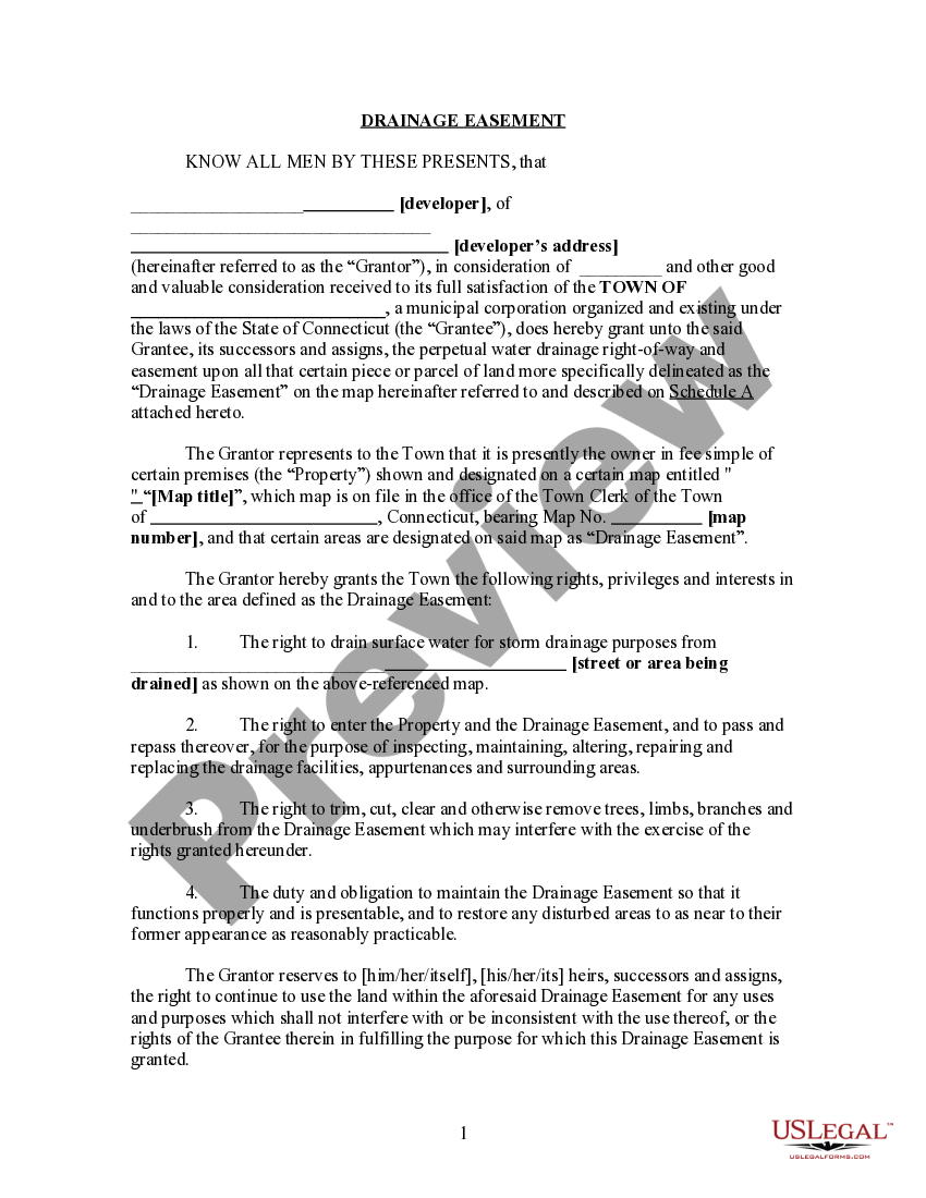 Connecticut Drainage Easement For Landowner Grantor and Town Grantee