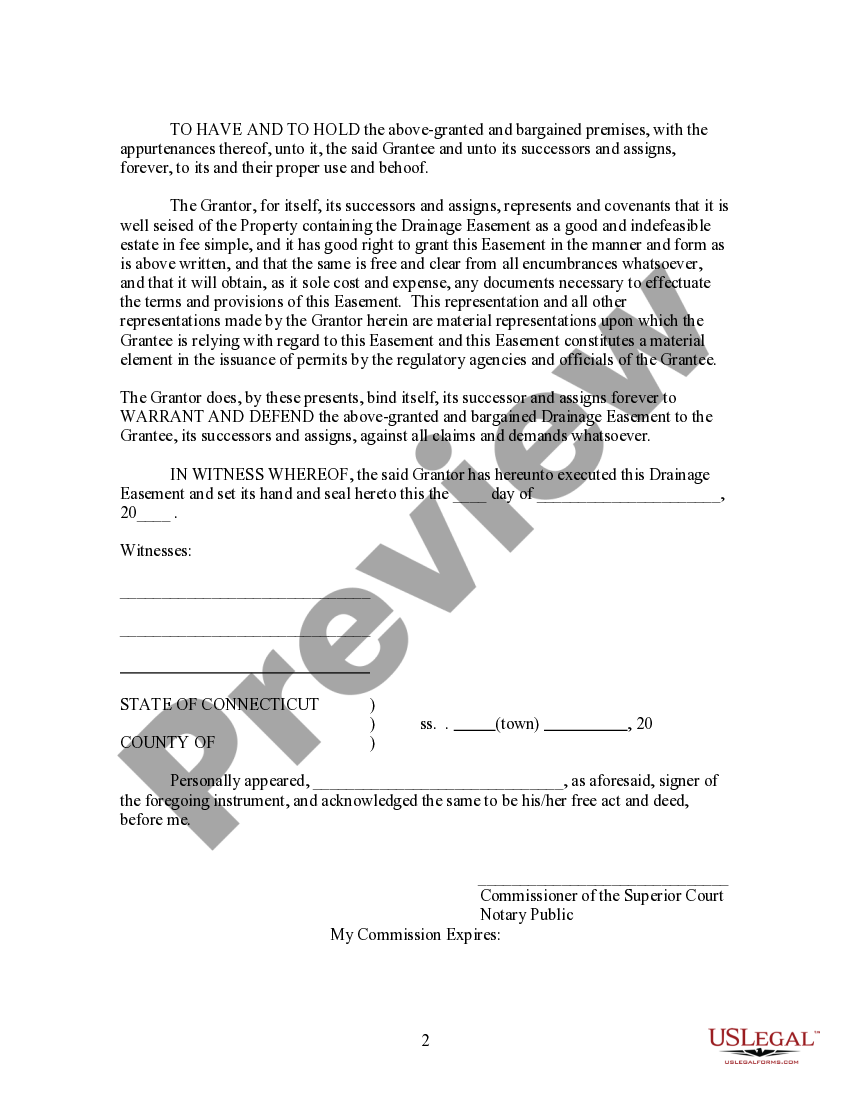 Connecticut Drainage Easement For Landowner Grantor and Town Grantee
