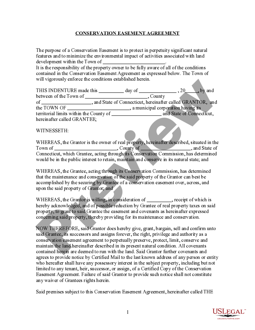 Connecticut Conservation Easement Agreement for Town Ct Easement US