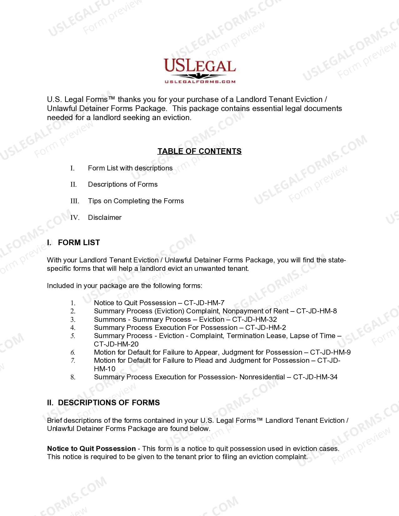 Preview Connecticut Landlord Tenant Eviction / Unlawful Detainer Forms Package
