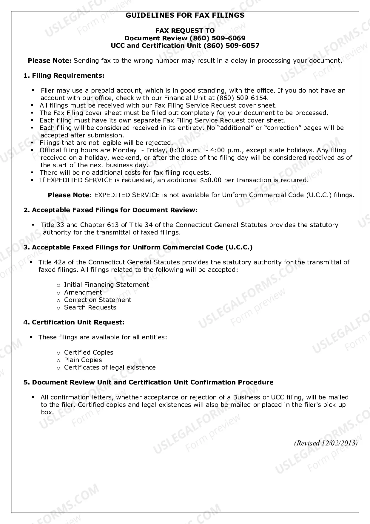 Preview Fax Filing Service Request
