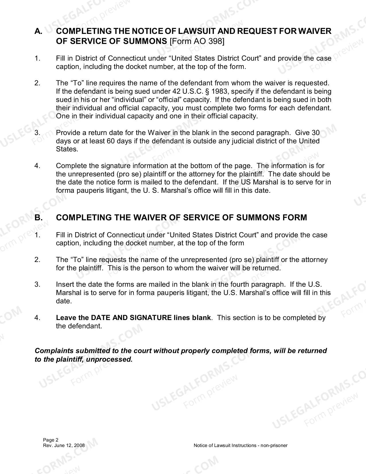 Preview Instructions on Completing Notice of Lawsuit/Waiver of Service of Summons