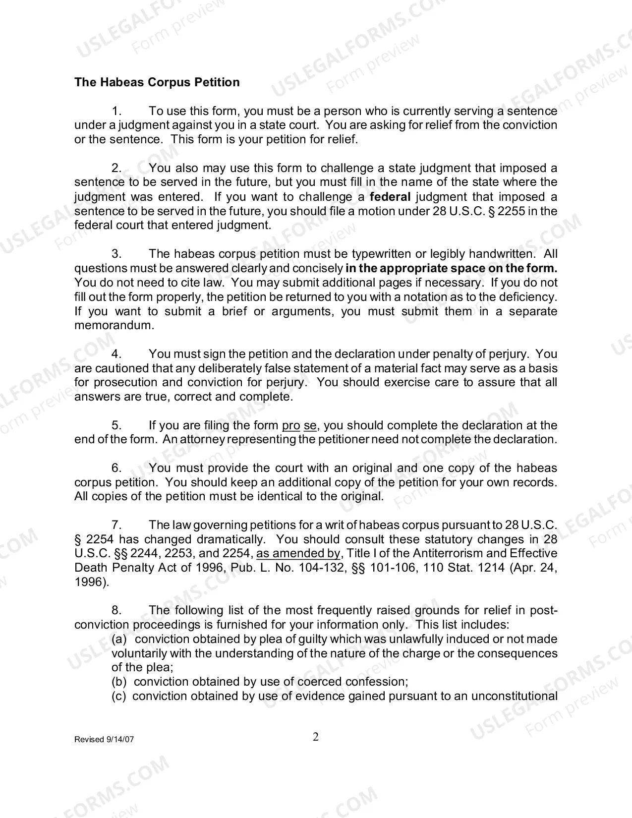 Preview Information and Instructions for Filing a Petition for a Writ of Habeas Corpus - 2254 (by a Person in State Custody)