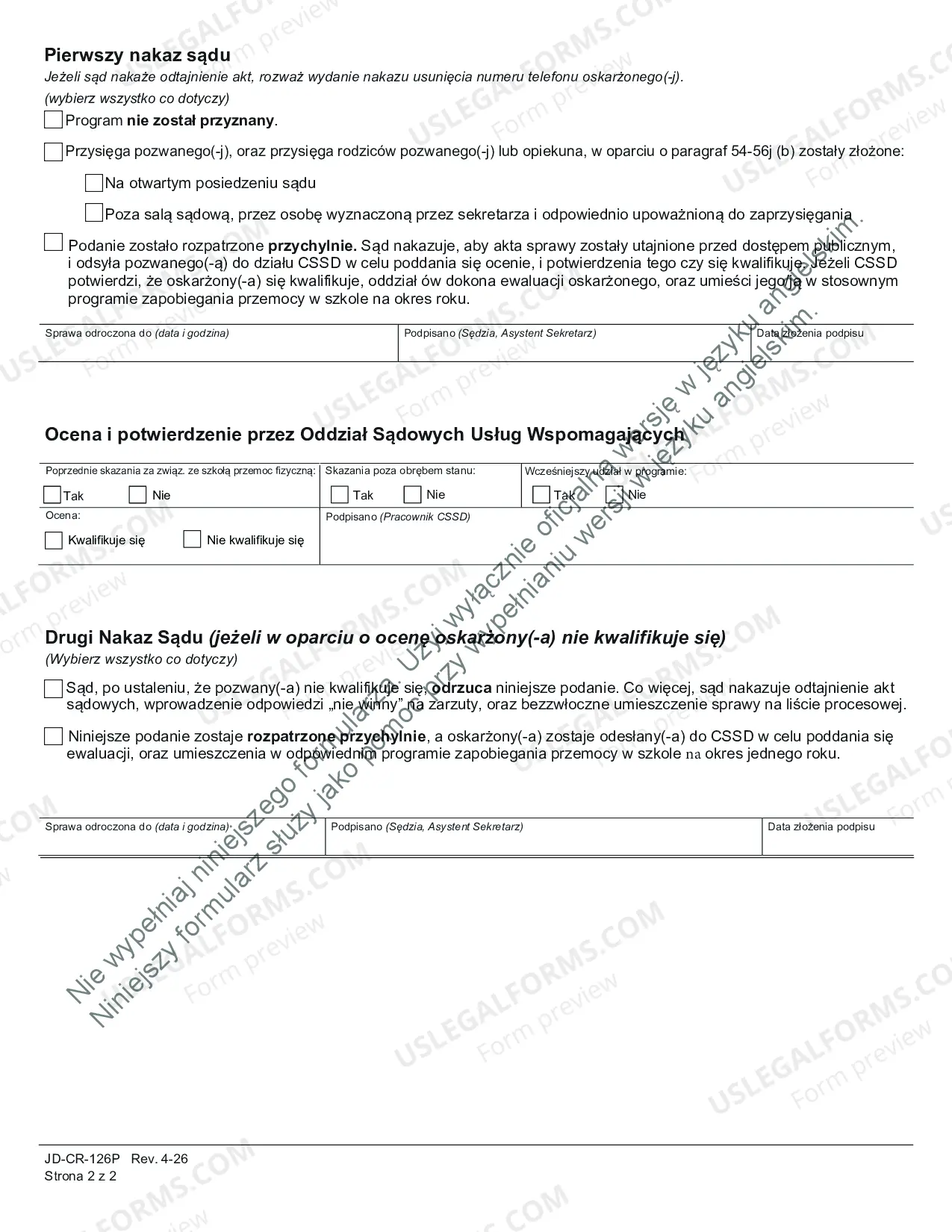 Preview Pretrial School Violence Prevention Program, Application, Order, Disposition - Polish