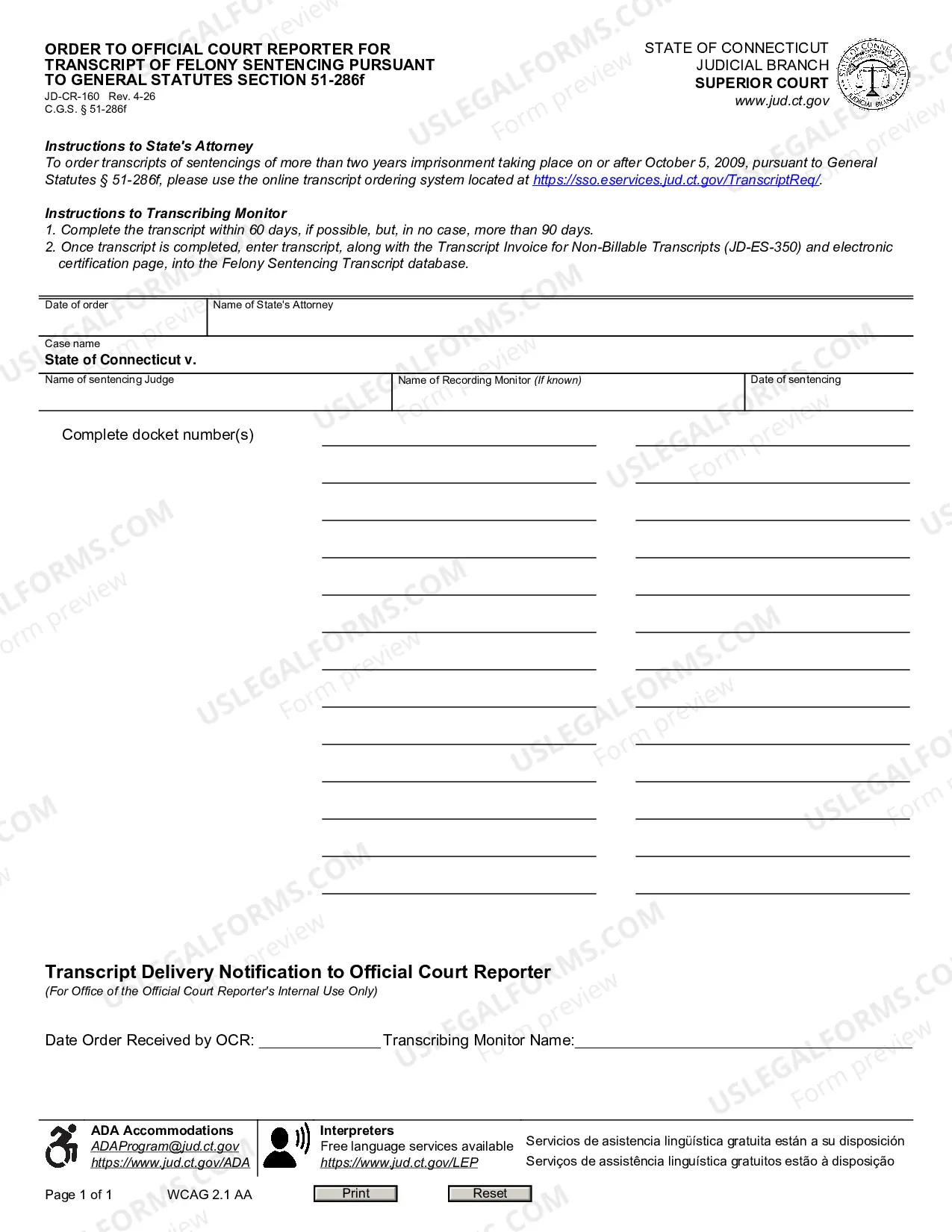Preview Order to Official Court Reporter for Transcript of Felony Sentencing Pursuant to General Statutes Section 51-286f