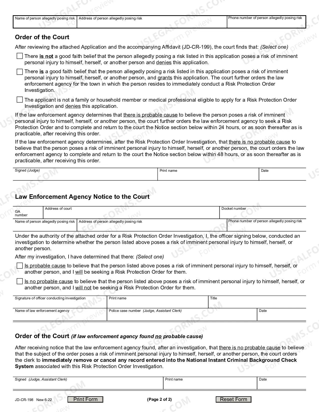 Preview Application for Risk Protection Order Investigation, Order, Return
