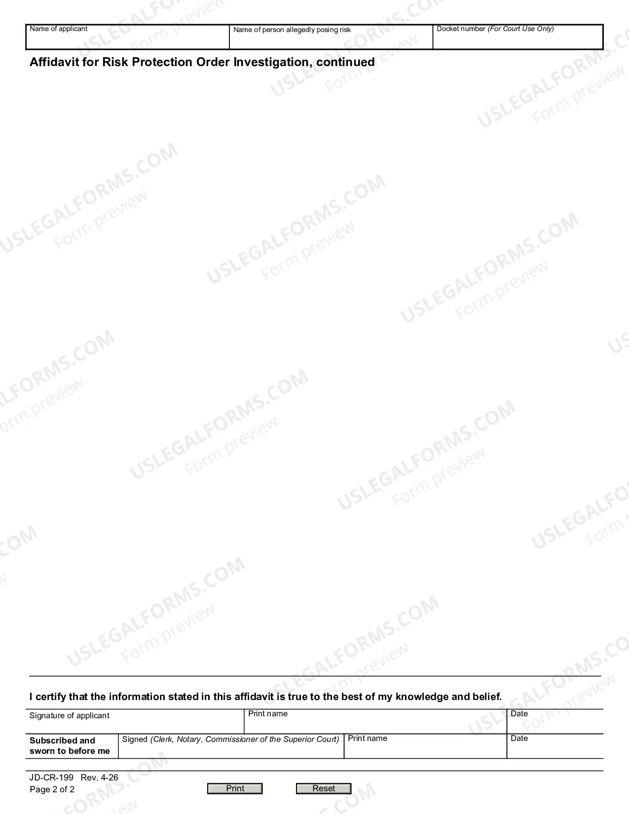 Preview Affidavit for Risk Protection Order Investigation