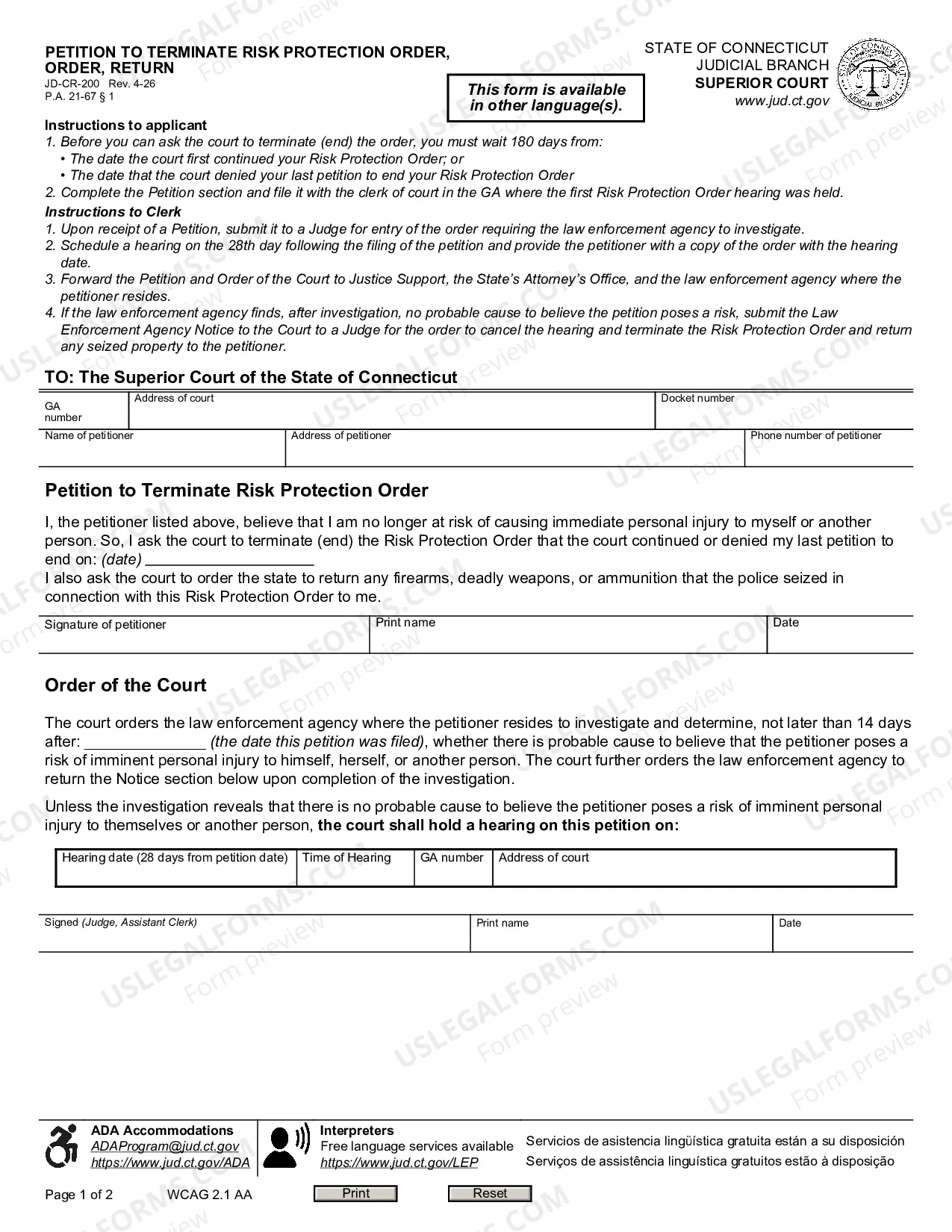 Preview Petition to Terminate Risk Protection Order, Order, Return