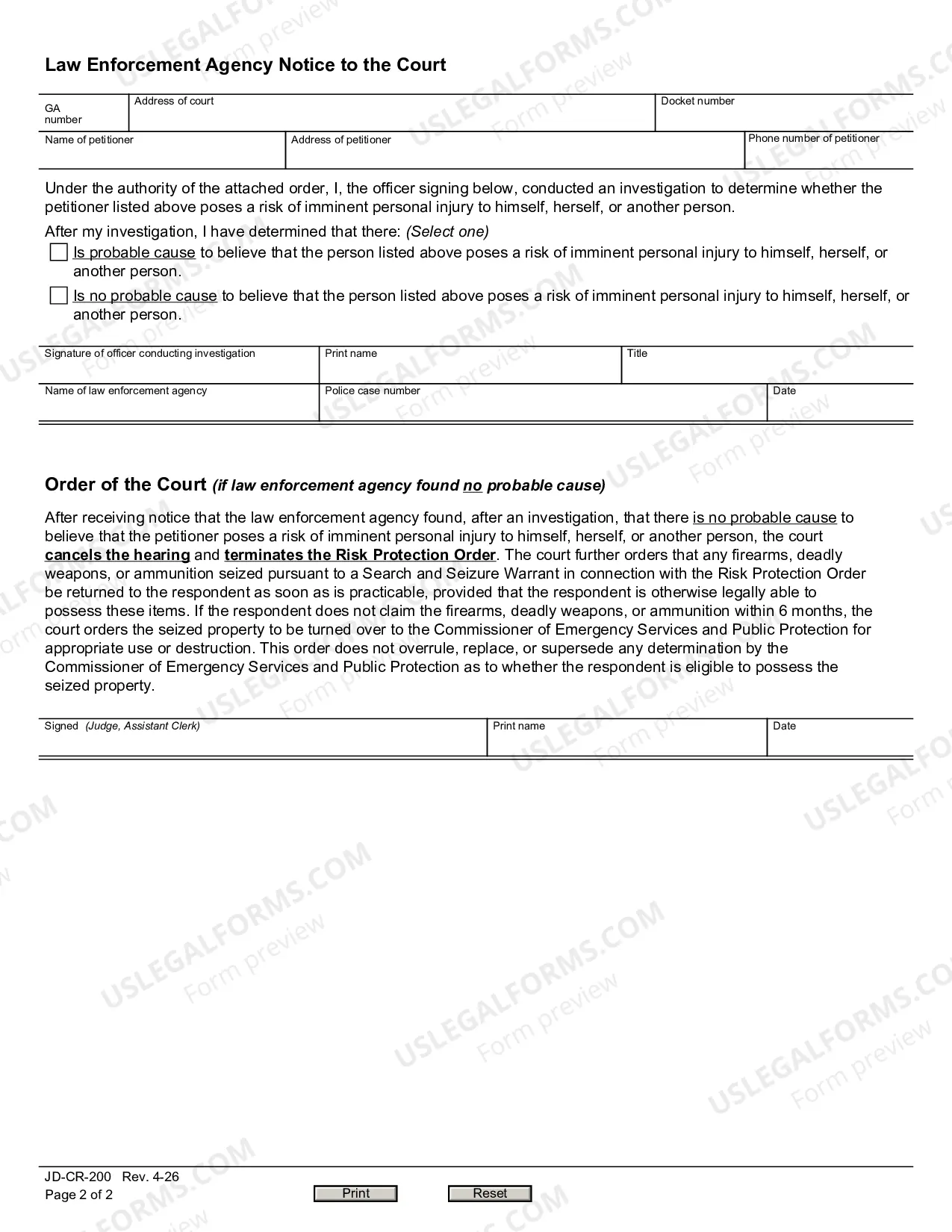 Preview Petition to Terminate Risk Protection Order, Order, Return