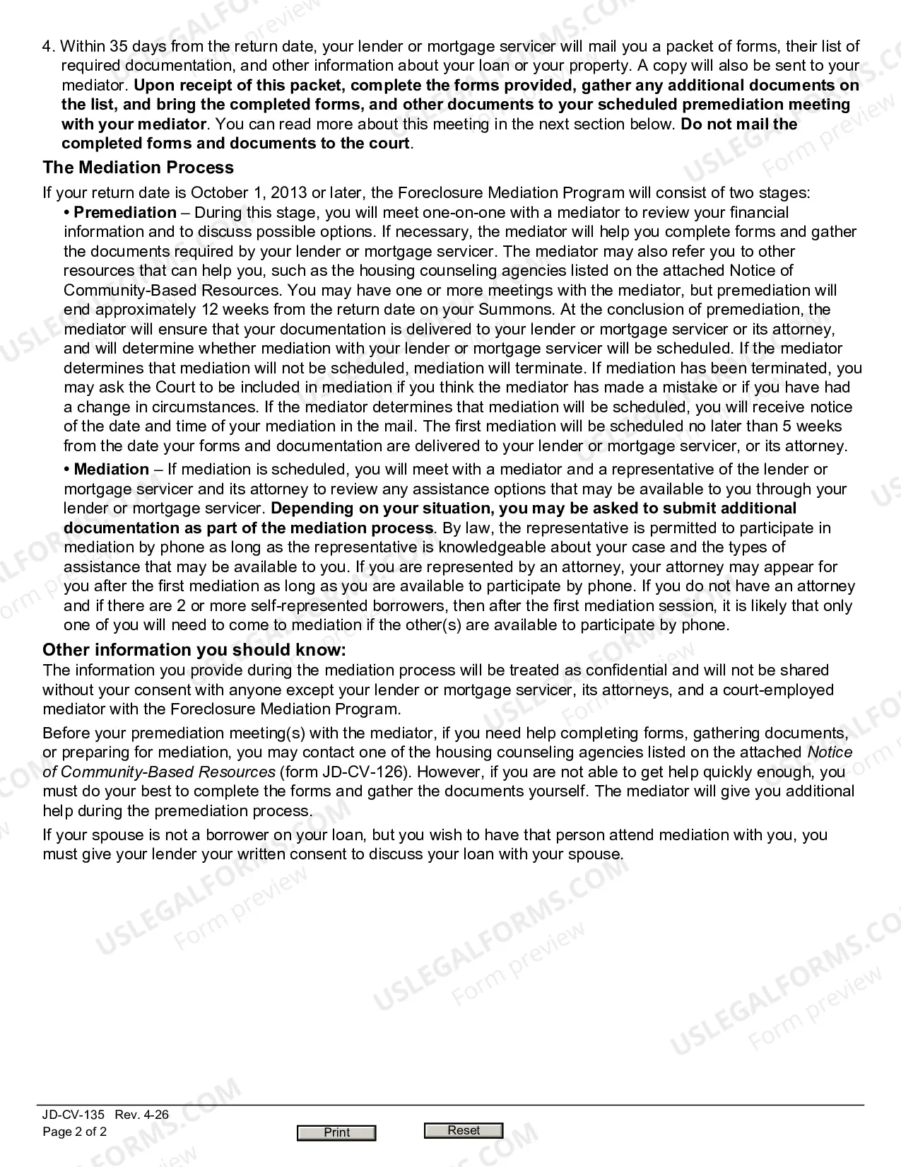 Preview Mediation Information Form (For cases with a Return Date of 10/1/13 or later)
