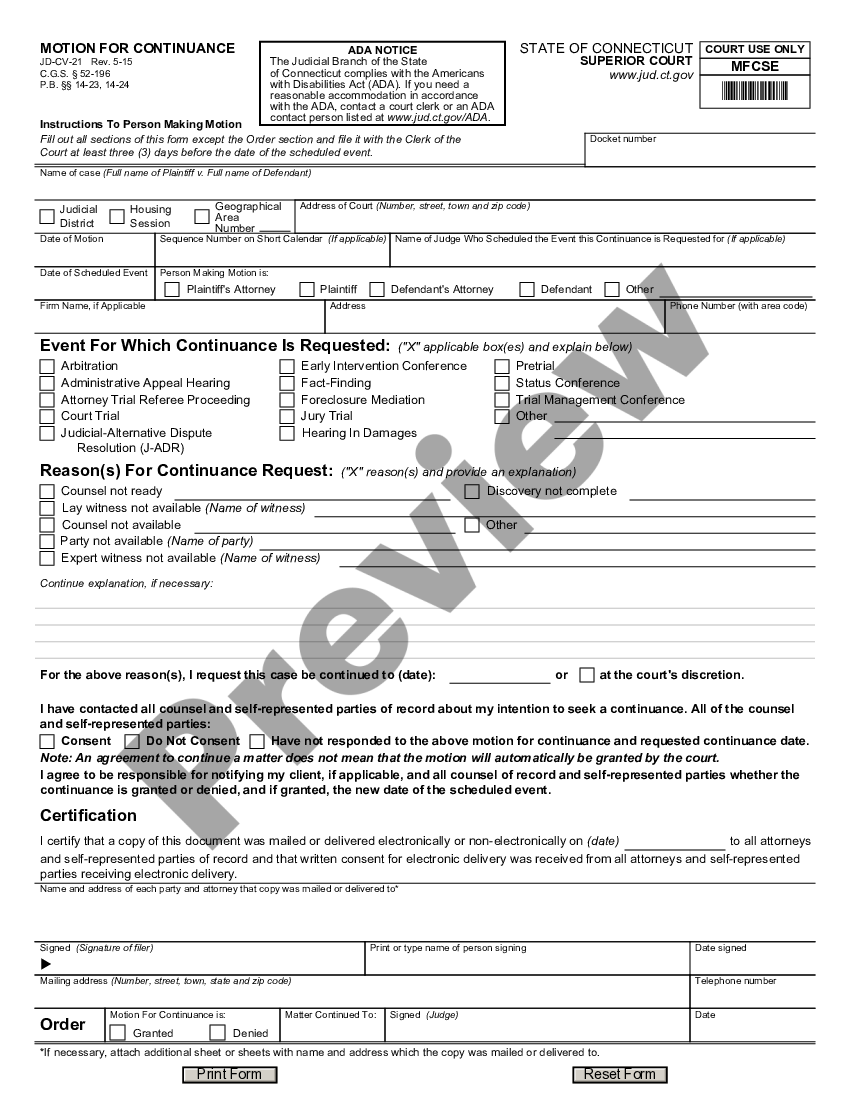 Connecticut Motion for Continuance Motion For Continuance Connecticut