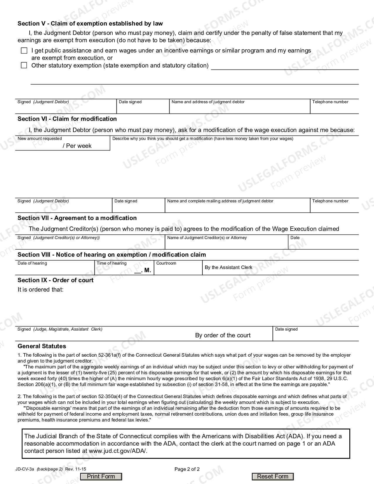 Waterbury Connecticut Exemption and Modification Claim Form Wage
