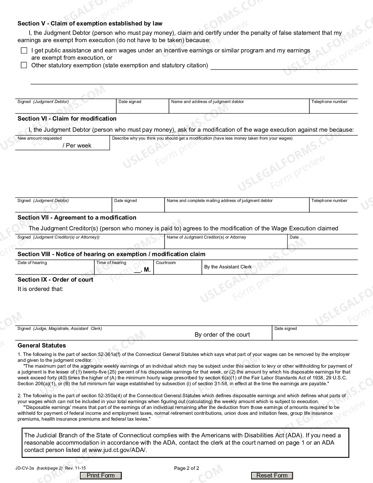 Preview Exemption and Modification Claim Form, Wage Execution