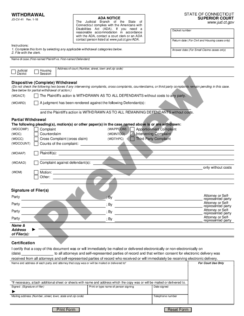 Connecticut Withdrawal - Withdrawal Of Action Connecticut | US Legal Forms