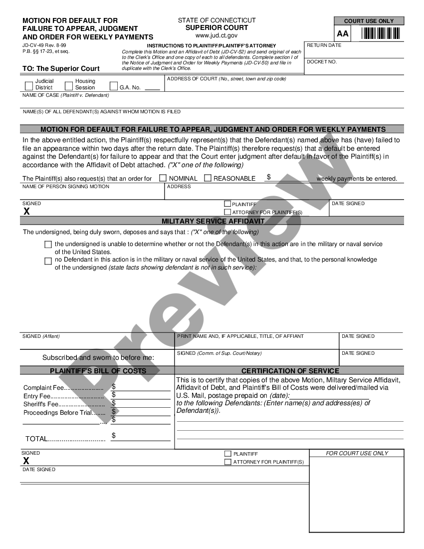 Connecticut Motion for Default for Failure to Appear, Judgment and