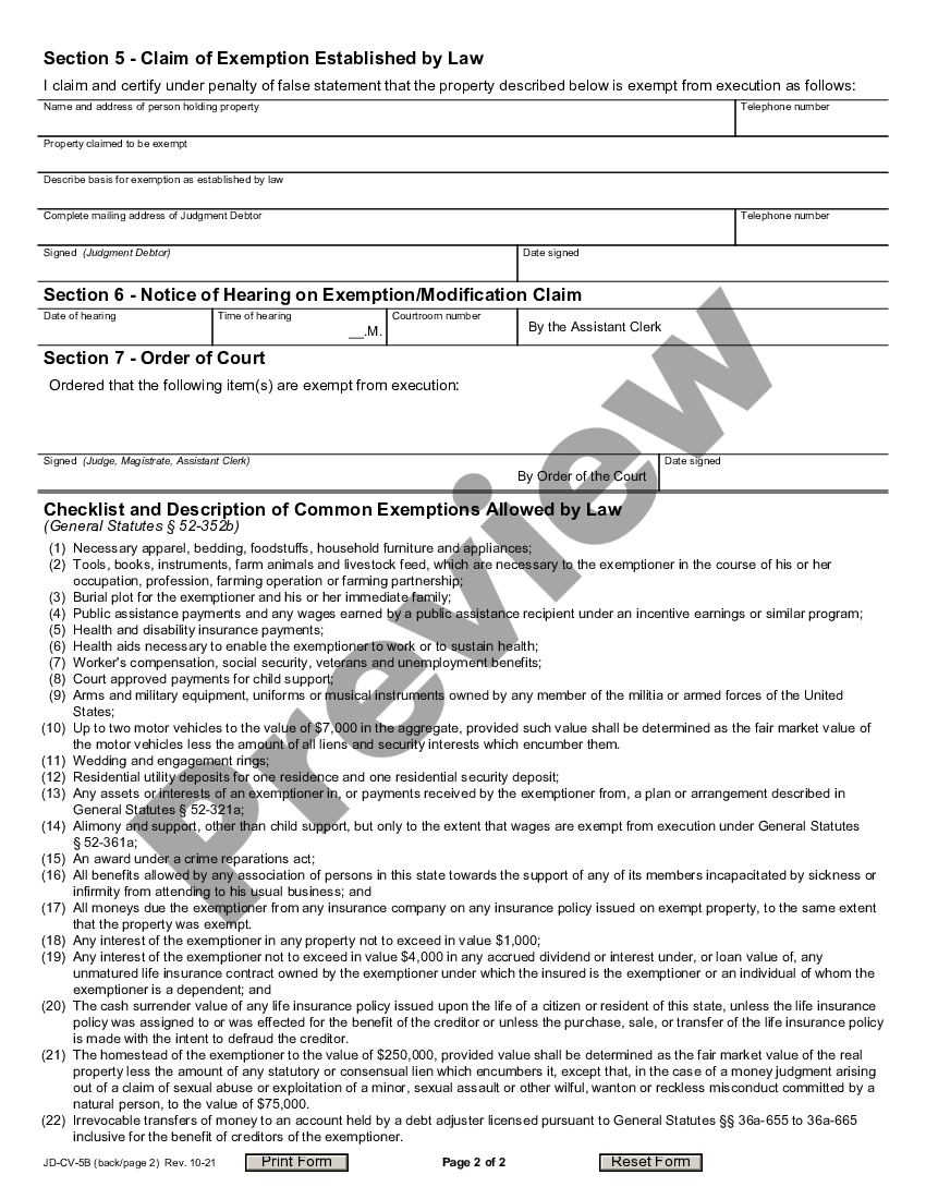 Waterbury Connecticut Exemption Claim Form Property Execution US